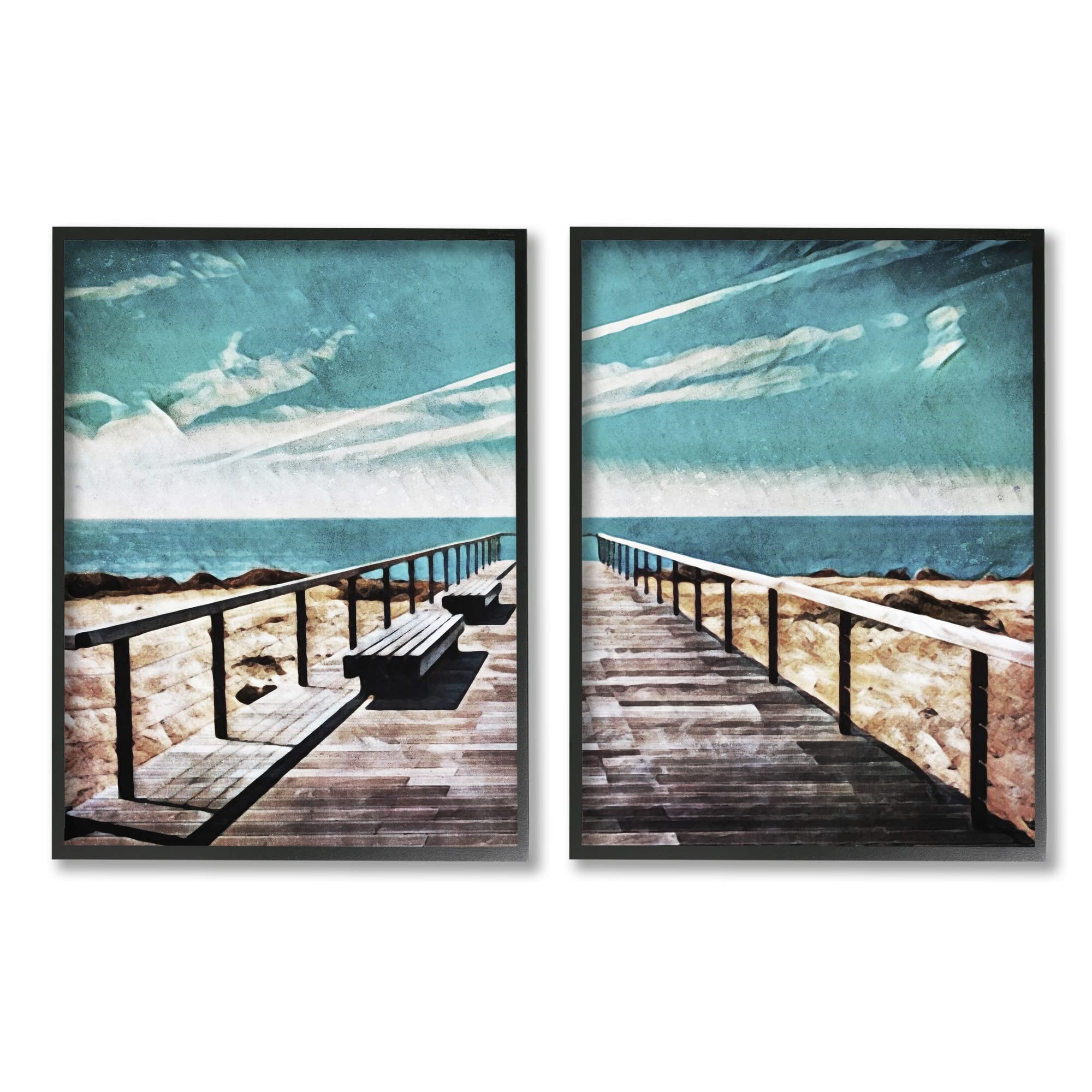 Tranquil Pier Dock Beach Clear Blue Sky Illustration Wall Art Print by Ashley Aldridge - Perfect for Coastal Home Decor, Office & Nursery