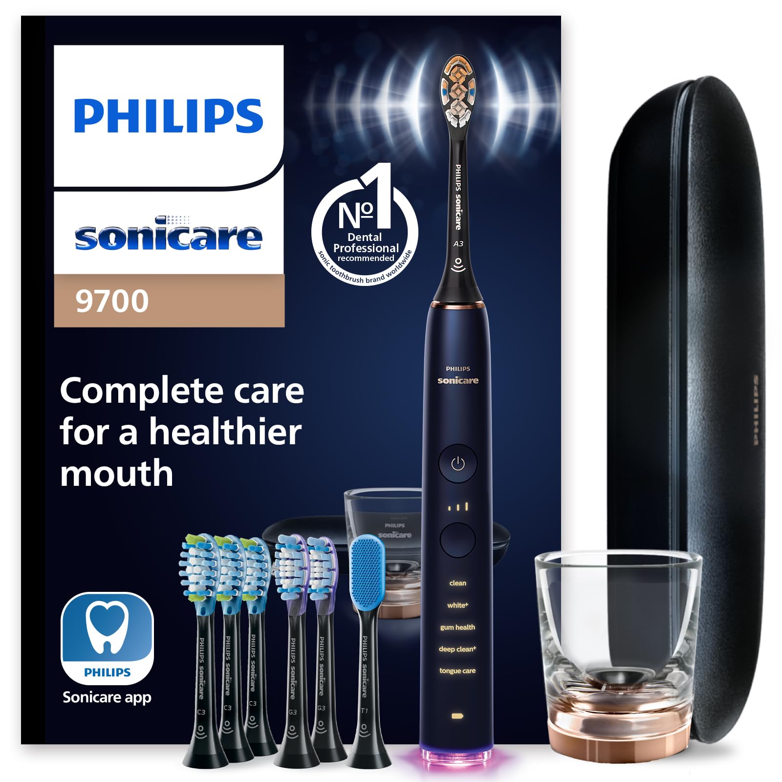 Philips Sonicare DiamondClean Smart 9700 Electric Toothbrush - Sonic Toothbrush with Bluetooth App, Pressure Sensor & Brush Head Detection - 5 Modes & 3 Intensity Levels - Lunar Blue (HX9957/71) - Perfect for Travel & Family Oral Care