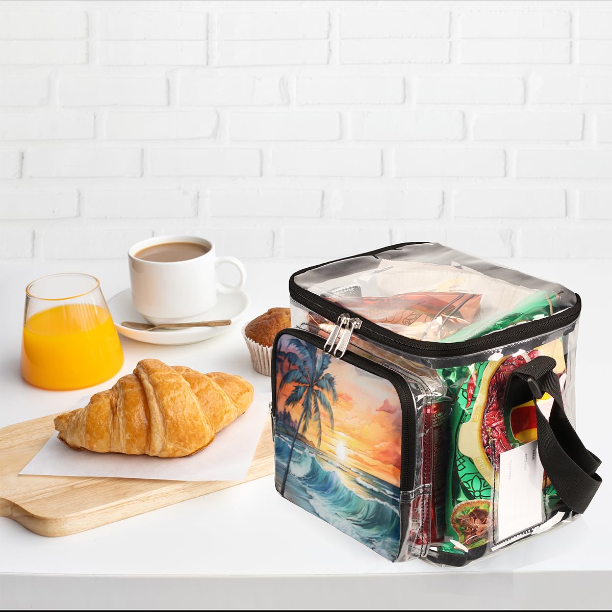 GzLeyigou Clear Tote Bag with Handles - Tropical Palm Tree Design Transparent Crossbody Shoulder Bag for Lunch, Beach, Travel | Stadium Approved for Concerts, Sports Events, Picnics & Outdoor Activities | Summer Sunset Theme Fashion Accessory