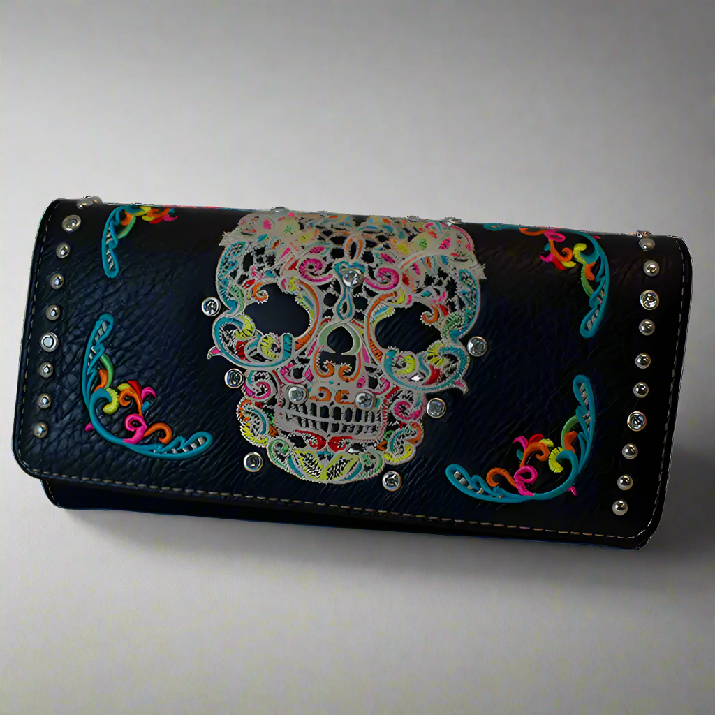 Open Road Women's Sugar Skull Trifold Wallet - Stylish Mexican Day of The Dead Design Wallet for Women - Perfect for Everyday Use, Travel & Gift Giving