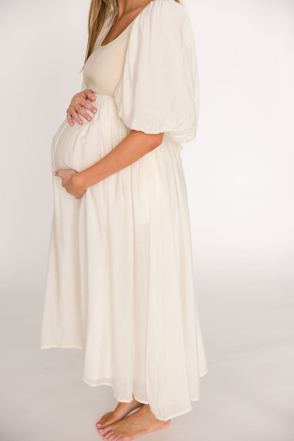 Raina Women's Maternity Midi Dress with Puff Sleeves - Bump Friendly Flowy Dress in Natural for Pregnancy, Nursing & Special Occasions
