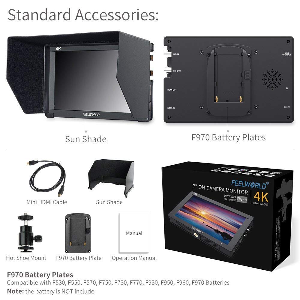 Feelworld FW703 7 Inch IPS Full HD 1920x1200 4K On-Camera Monitor with 3G-SDI/HDMI Input & Output - Professional DSLR Camera Field Monitor for Filmmaking, Vlogging, and Live Streaming