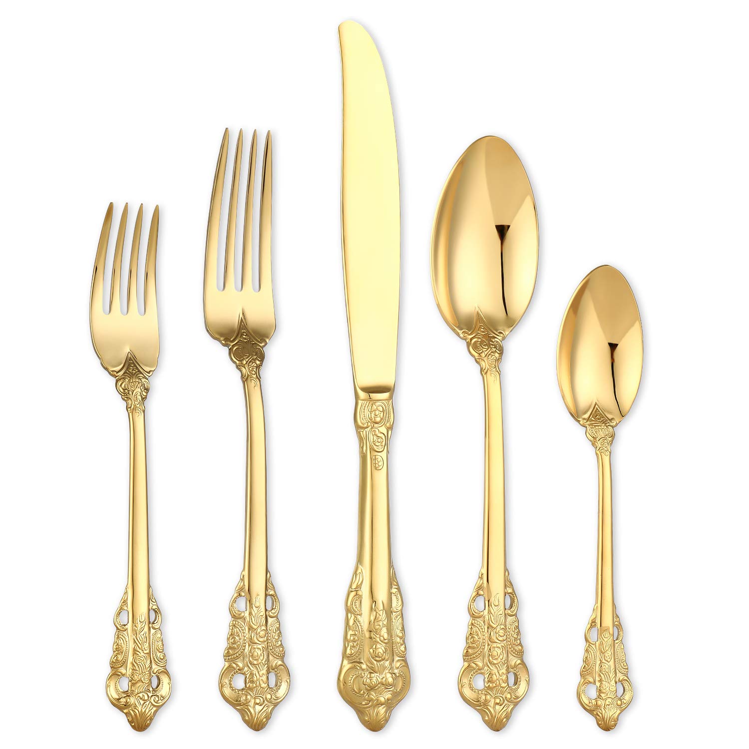 Premium 5-Piece Gold Flatware Set - 18/10 Heavy Duty Stainless Steel Cutlery (Knife, Fork, Spoon) - Mirror Polished & Dishwasher Safe - Elegant Dining Utensils for Everyday Meals, Dinner Parties & Wedding Gifts