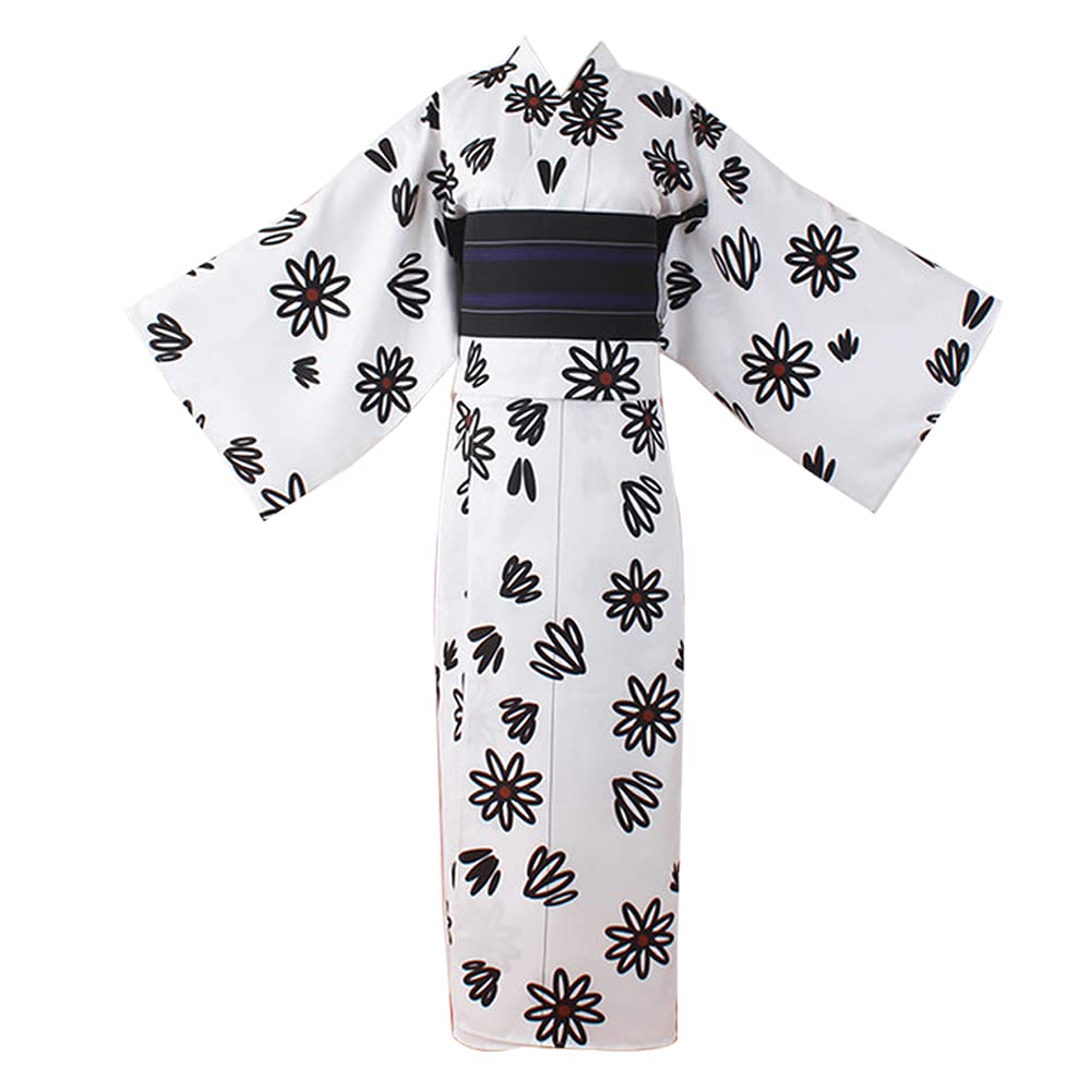 Black and White Printed Kimono Yukata - Anime Chainsaw Man Reze Cosplay Costume for Halloween, Convention & Themed Parties | Japanese Traditional Robe for Cosplay Enthusiasts