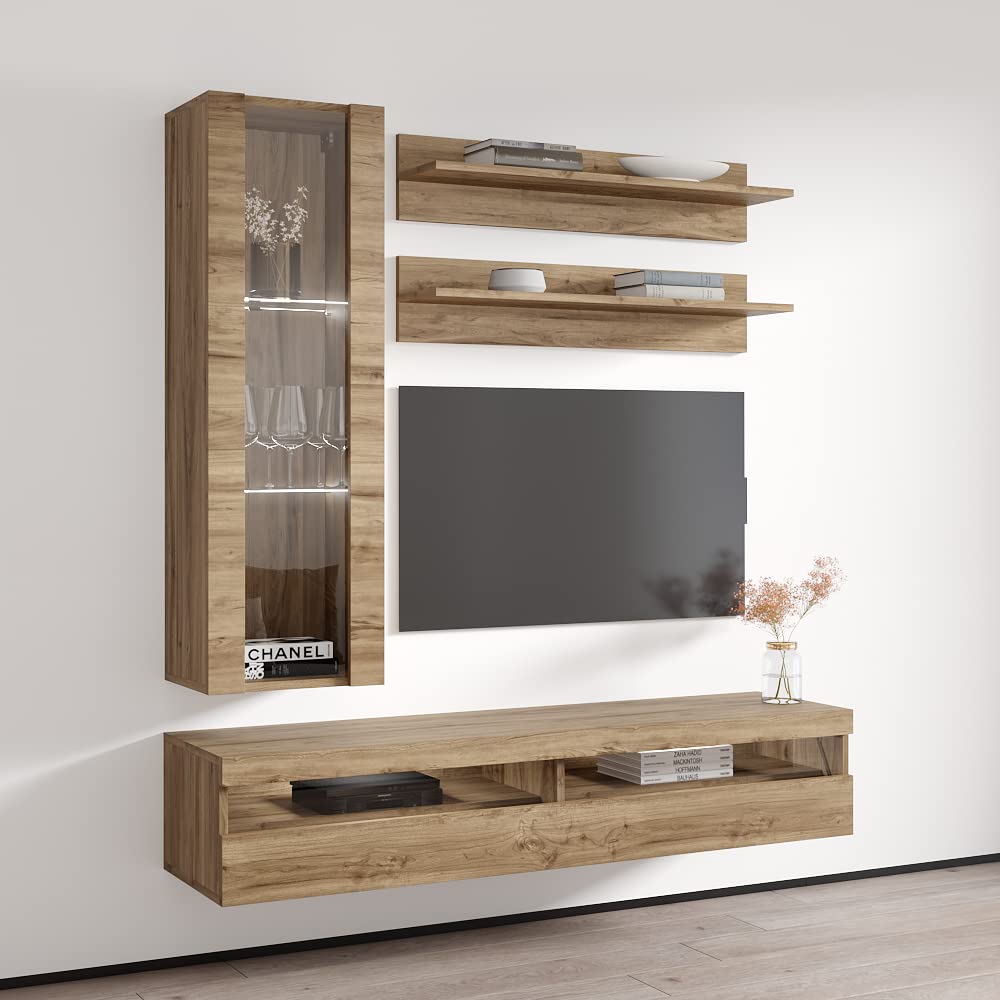 Modern Floating TV Stand with Storage & LED Lights - Wall-Mounted Entertainment Center for Bedroom & Living Room - H2 35TV Console with Shelves in Oak Finish - Perfect for Small Spaces & Home Theater Setup