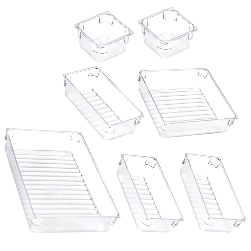 7-Piece Clear Plastic Storage Box Set - Versatile Drawer Dividers & Organizers for Cosmetics, Tableware, Jewelry | Shallow Narrow Trays for Home, Office & Kitchen Organization