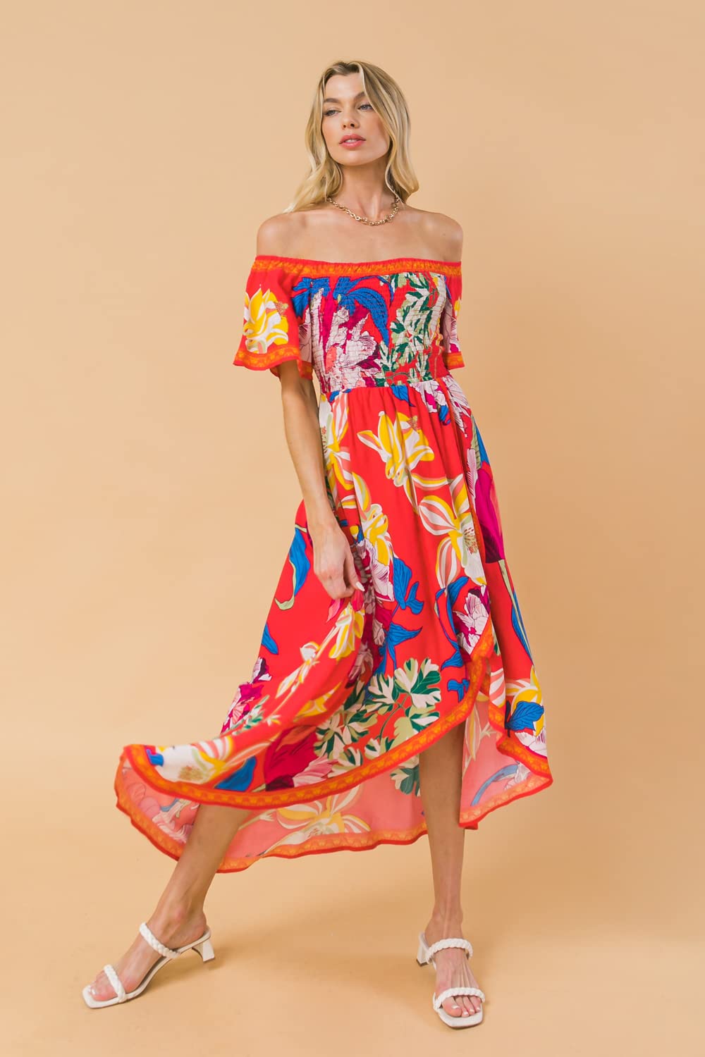 Bohemian Off Shoulder Maxi Dress - Tropical Floral Smocked Hi-Low Hem Summer Dress for Beach Vacation, Party & Casual Wear