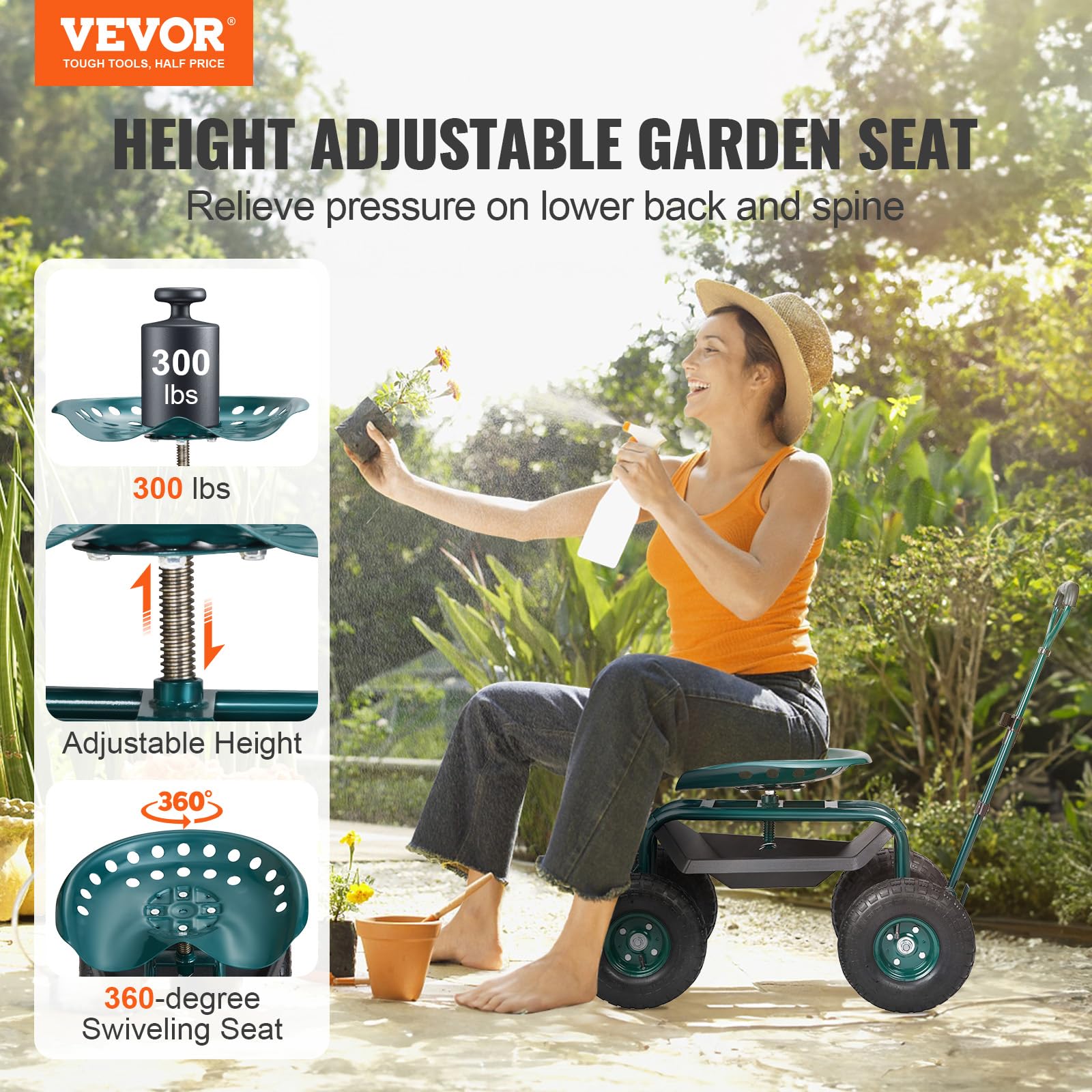 VEVOR Garden Cart Rolling Workseat with Wheels - 360° Swivel Gardening Stool with Tool Tray & Steering Handle - Heavy Duty Outdoor Utility Wagon for Planting, Yard Work, Patio Maintenance & Landscaping - Green