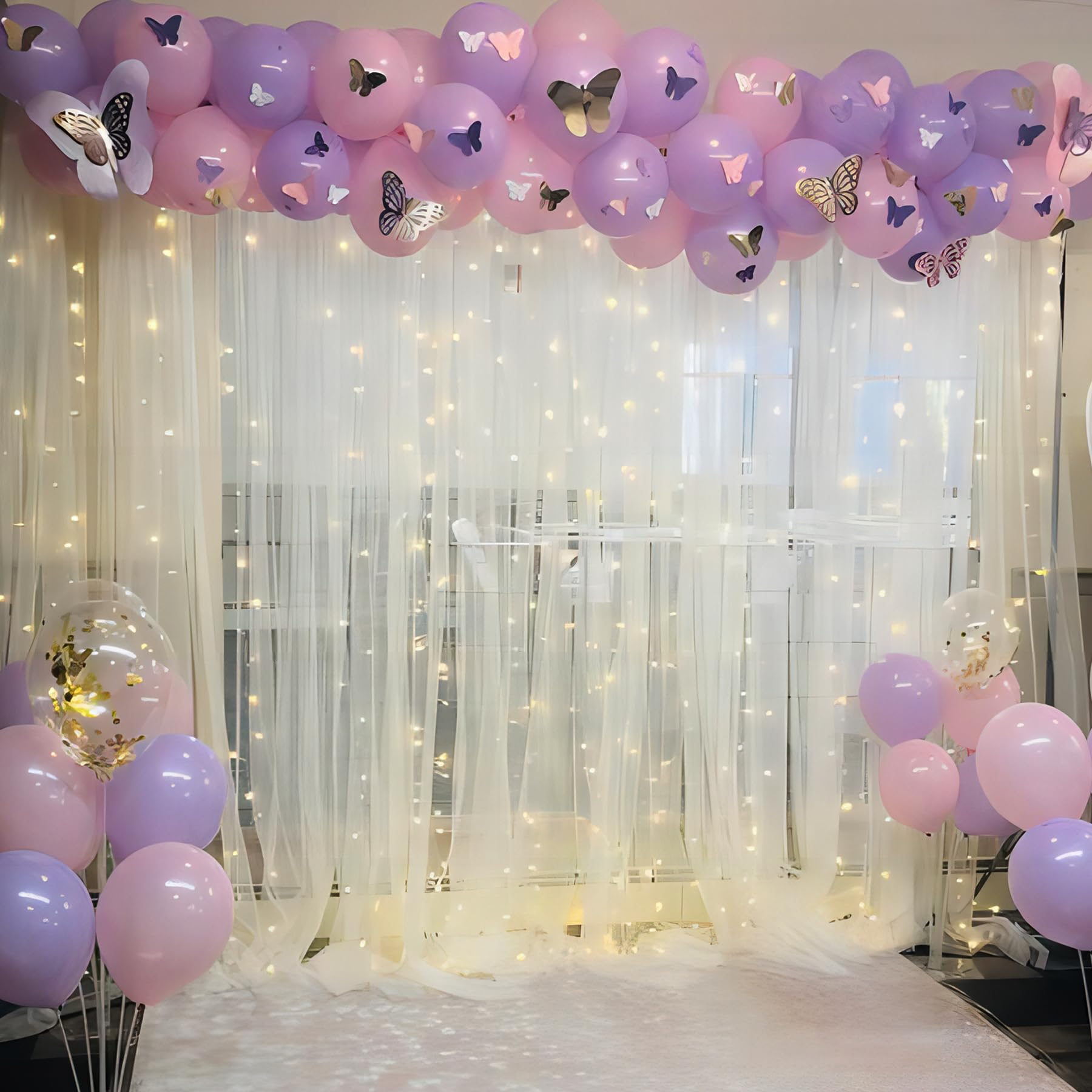 10×10ft White Tulle Backdrop Curtain with Fairy Lights - Sheer Wedding Party Decor, Photo Booth Background, Birthday Celebration Drapes for Home & Event Decorations