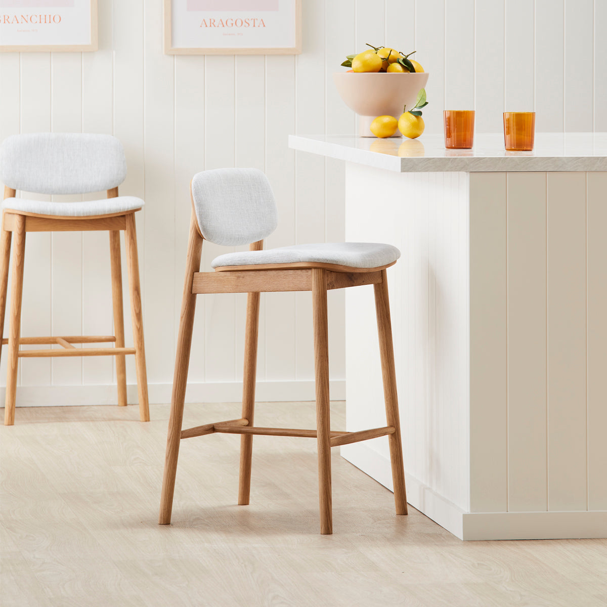 Lando Fabric Bar Stool - Oak Wooden Counter Height Stool with Padded Seat | Perfect for Kitchen Islands, Breakfast Bars & Home Decor