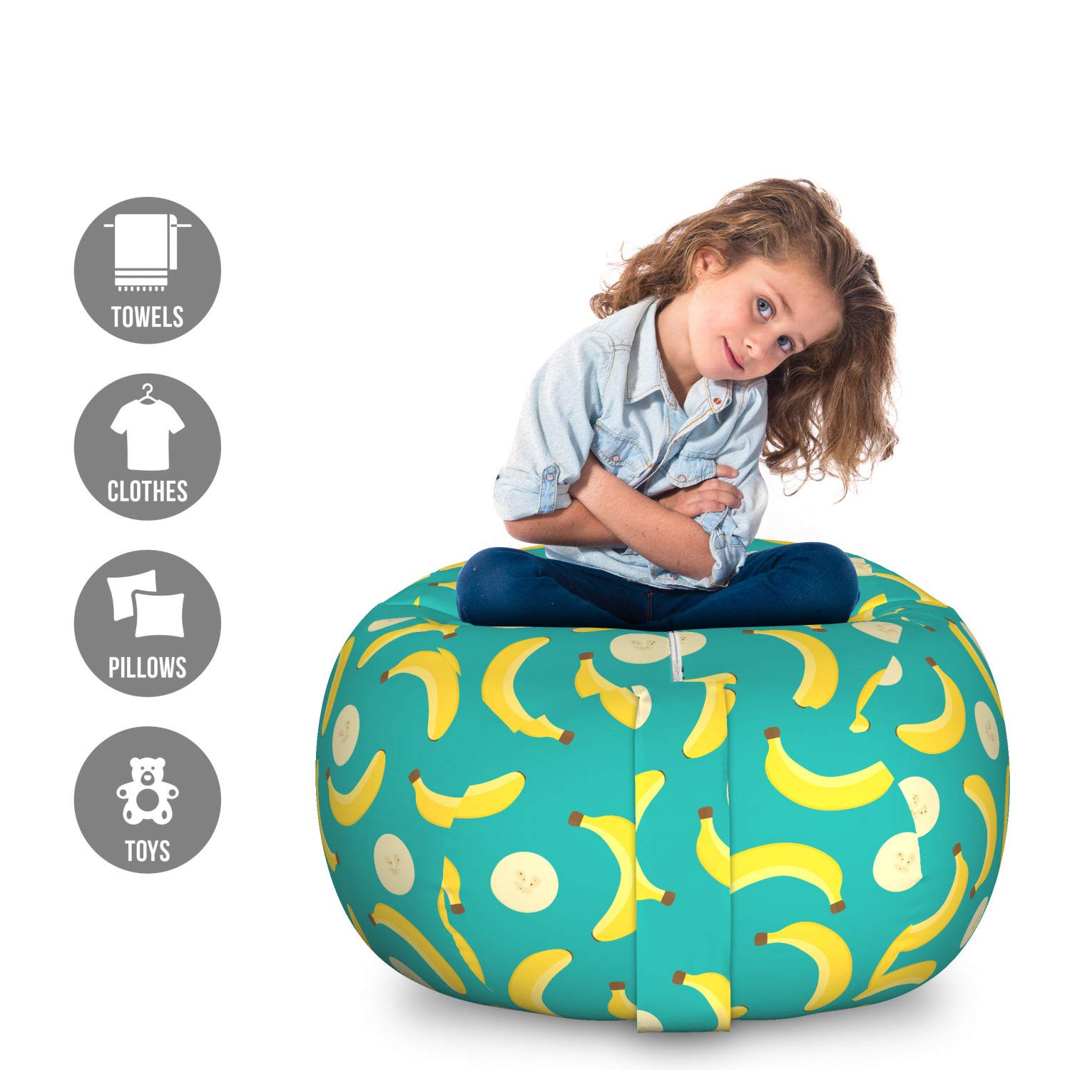 Ambesonne Banana Storage Toy Bag Chair - Large Washable Stuffed Animal Organizer with Whole & Sliced Fruit Pattern - Perfect for Kids' Room, Nursery, Playroom & Toy Storage (Seafoam Mustard)