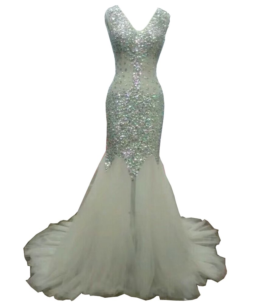 Elegant Mermaid Beaded Rhinestone Sheer Long Prom Evening Gown for Women - Size US14 in Ivory | Perfect for Formal Dances, Galas & Special Occasions