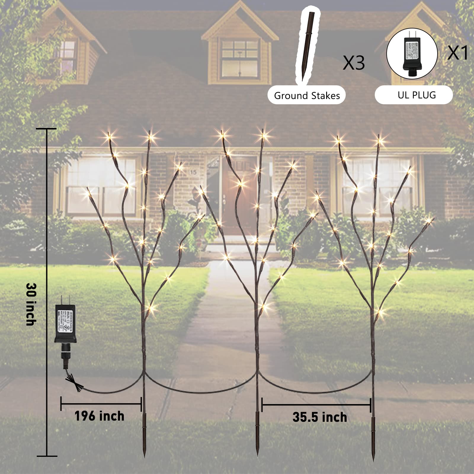 PEIDUO 30Inch 3PK 60 LED Willow Branch Lights with Timer - Waterproof Outdoor Pathway Lights & Indoor Decorative Stake Lights for Lawn, Garden, Patio, Wedding, Party Decorations