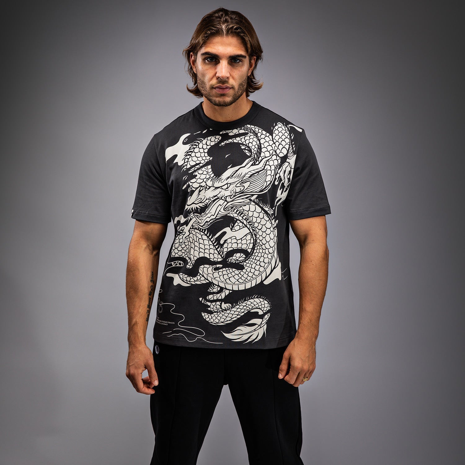 Venum Dragon’s Flight Men's MMA T-Shirt - Charcoal Grey & Cream White - Comfortable Training & Casual Wear for Fighters & Fitness Enthusiasts