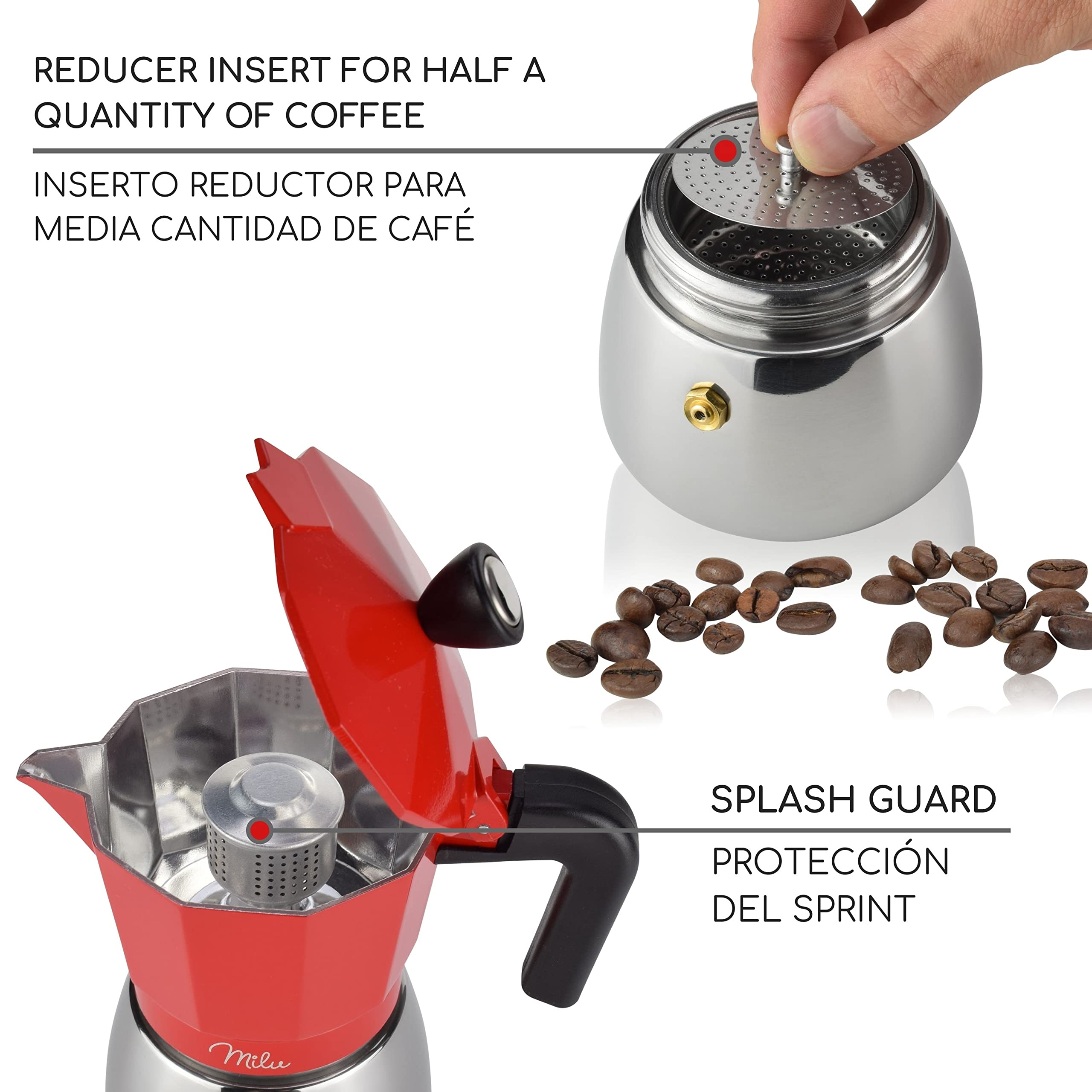 Milu Italian Stovetop Espresso Maker for Induction - 3, 6, 9 Cup Aluminum Moka Pot with Stand, Spoon & Brush (Red, 9 Cup 400ml) - Perfect for Home Coffee Brewing & Gifts