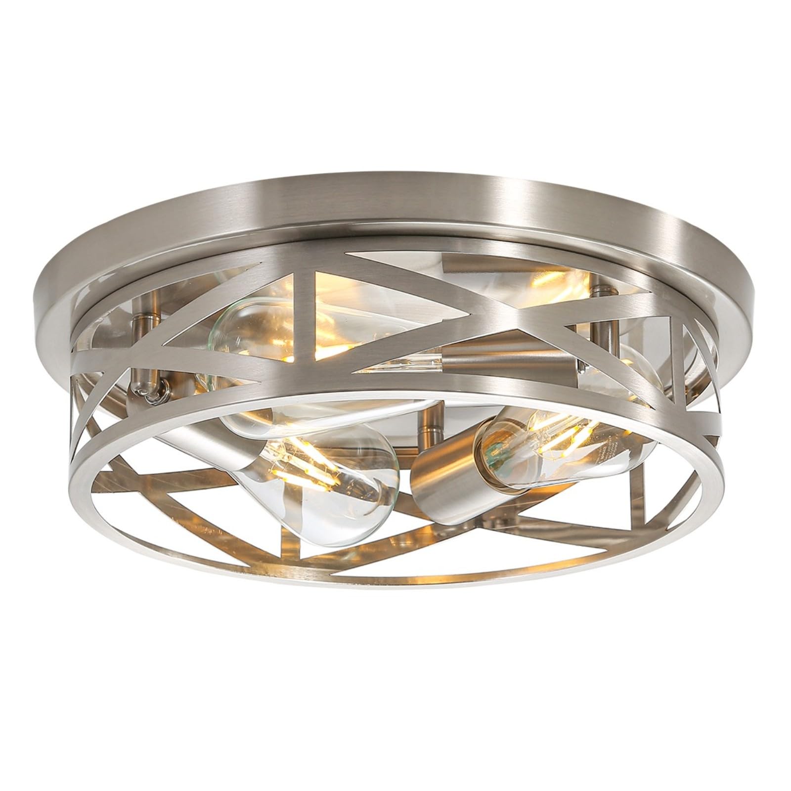 3-Light Brushed Nickel Flush Mount Ceiling Fixture - 13 Inch Modern Metal Cage Cross Ceiling Light for Kitchen, Bedroom, Bathroom, Laundry, Hallway & Office - Dimmable Indoor Lighting for Home & Commercial Spaces