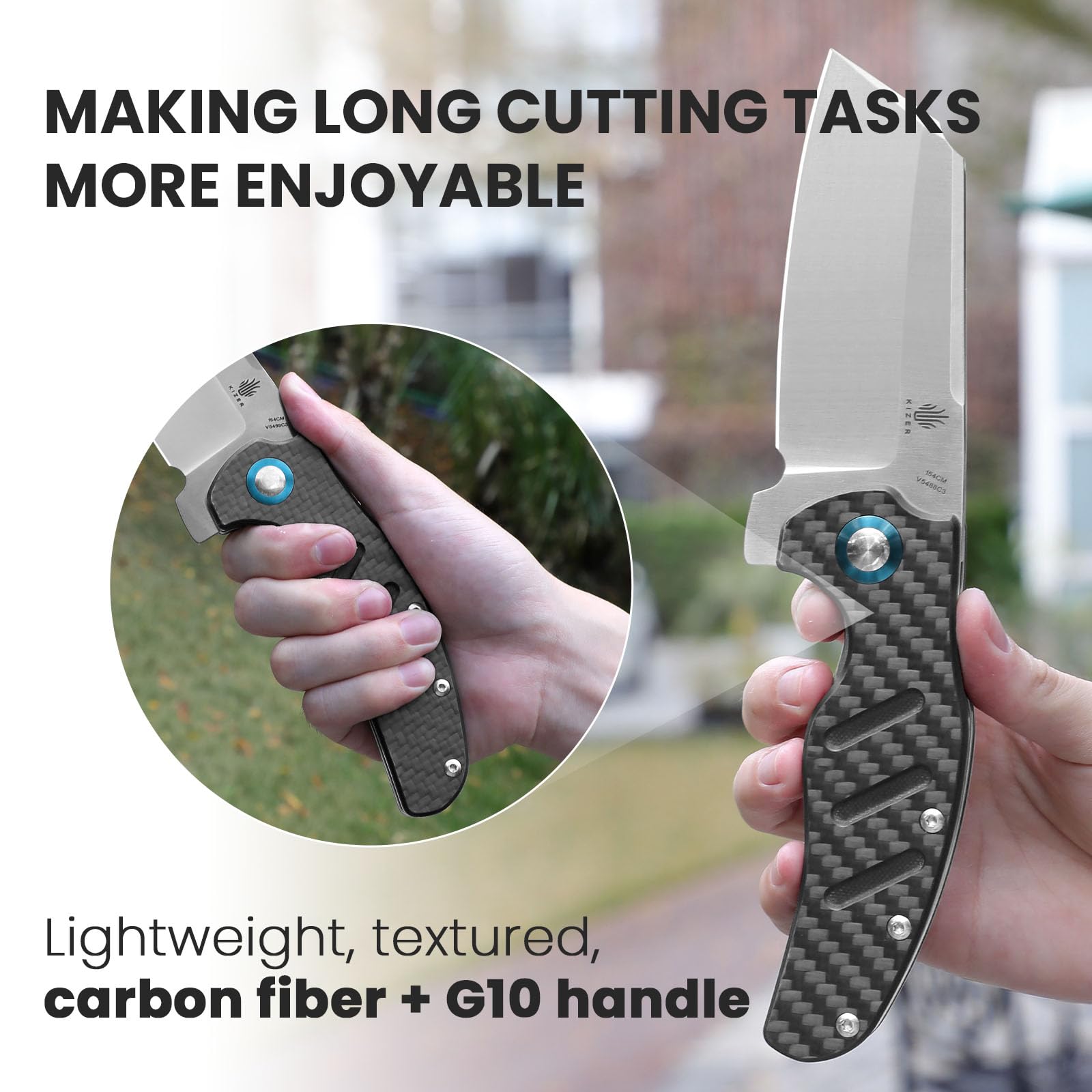 Kizer C01c XL Sheepdog Pocket Knife - 154CM Sheepsfoot Blade Folding Knife with G10 Carbon Fiber Handle - EDC Hunting & Camping Knife for Men & Women - Perfect for Outdoor Adventures, Survival Gear & Everyday Carry (V5488C3)