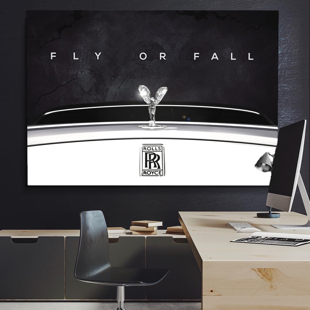 DEVICI Motivational Wall Art Canvas Print - Rolls Royce Inspired 'Fly Or Fall' Quote, Stretched Canvas Art for Office & Home Decor | Positive Inspirational Wall Art for Living Room, Bedroom & Workspace