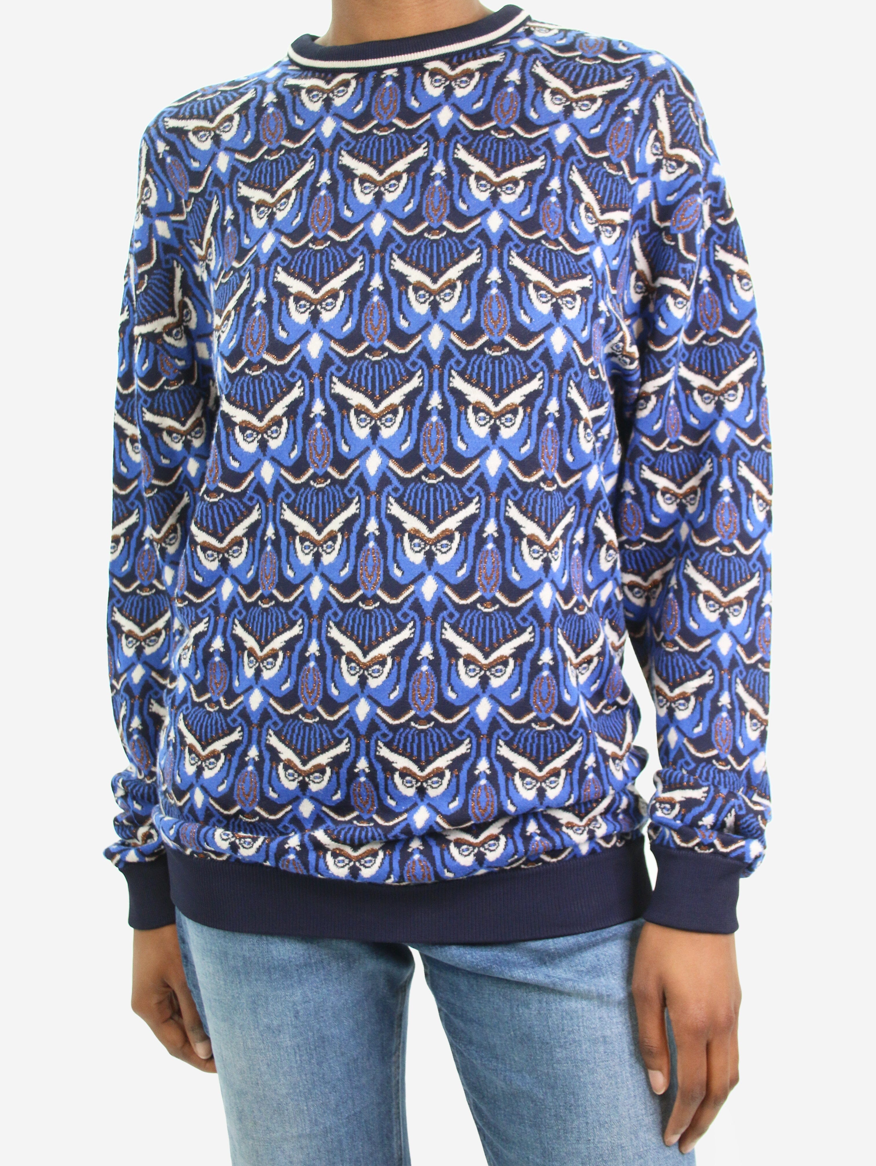 Blue Owl Print Sweater for Women - Size XS | Cozy Knit Pullover for Casual Wear & Fall Fashion