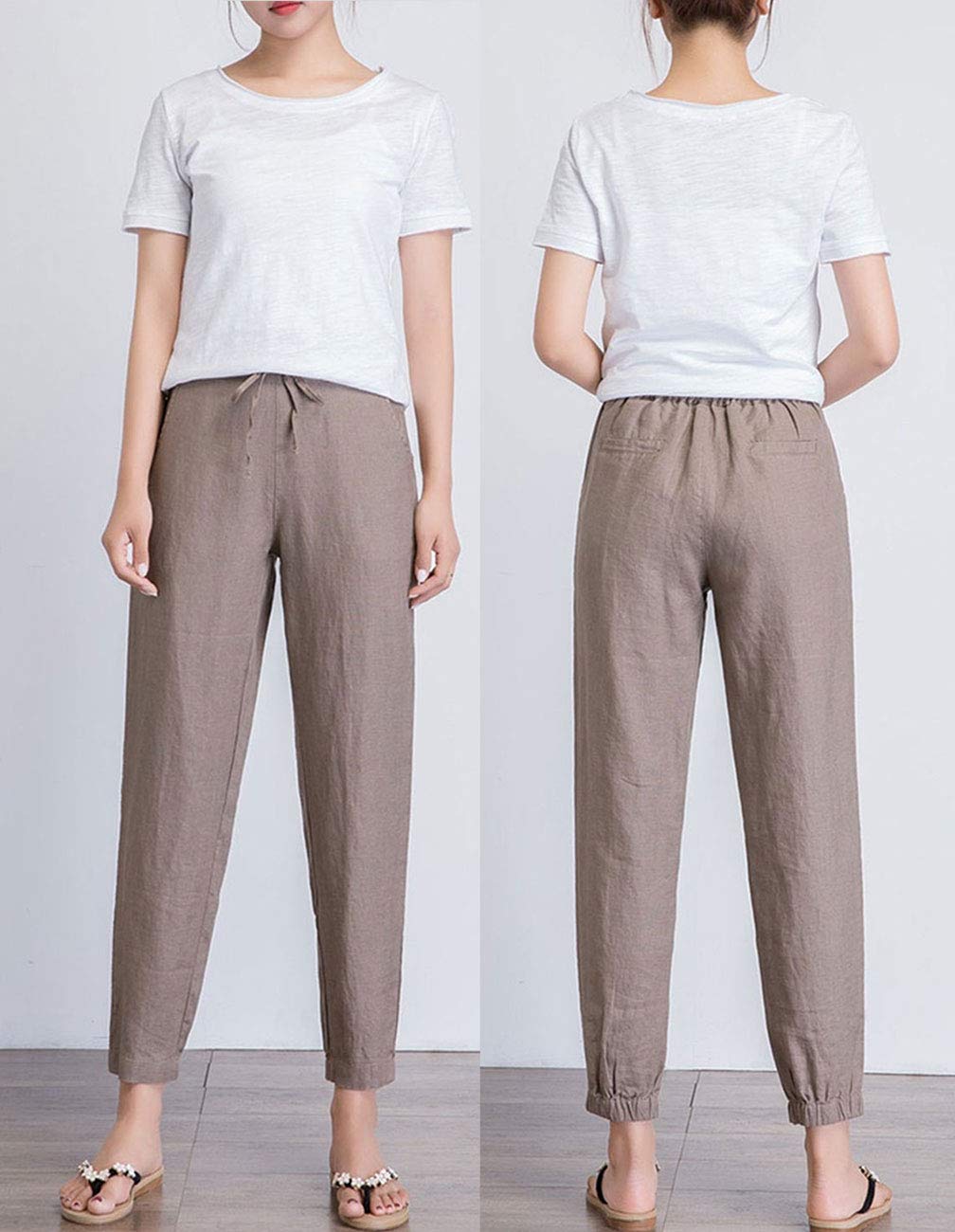 IXIMO Women's Tapered Linen Pants - 100% Breathable Drawstring Elastic Waist Ankle-Length Casual Pants | Perfect for Office, Travel & Summer Outfits