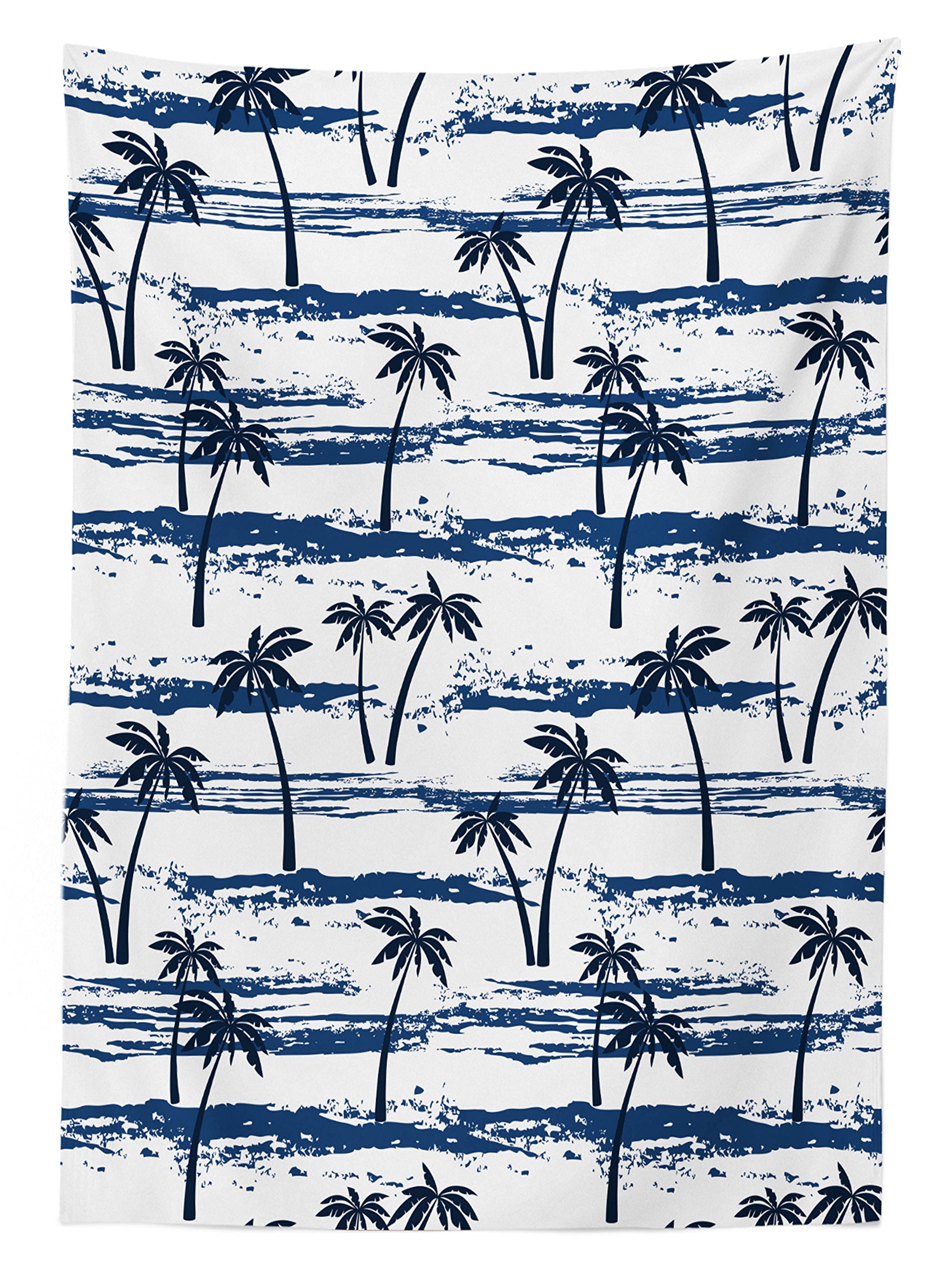 Ambesonne Waterproof Outdoor Tablecloth - Tropical Palm Tree & Beach Design, Navy Blue Picnic Table Cover 58x120 Inches, Washable & Durable for Patio, Backyard, Beach Parties & Summer BBQs