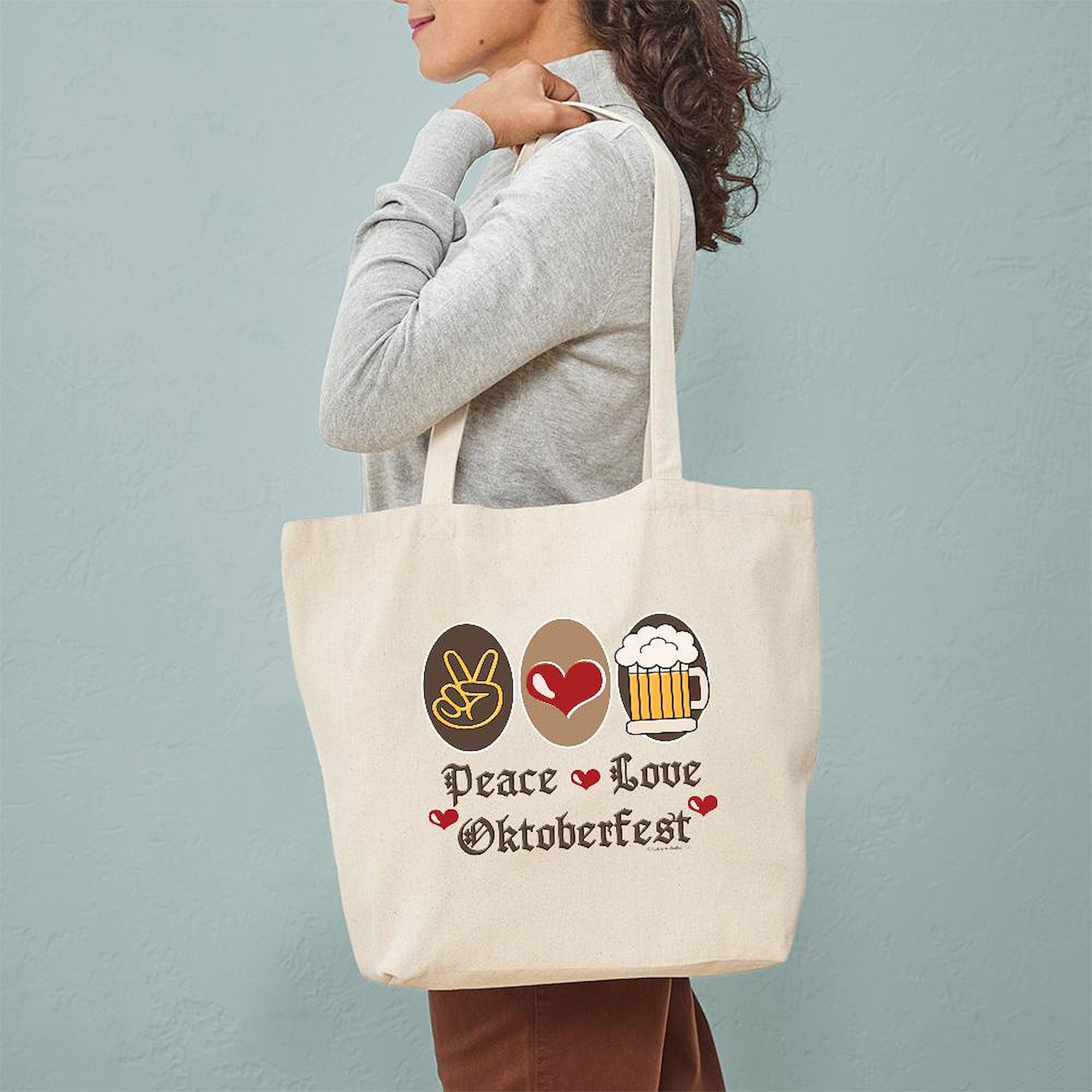 Peace Love Oktoberfest Natural Canvas Tote Bag - Eco-Friendly Reusable Shopping Bag for Groceries, Beach & Festival Use