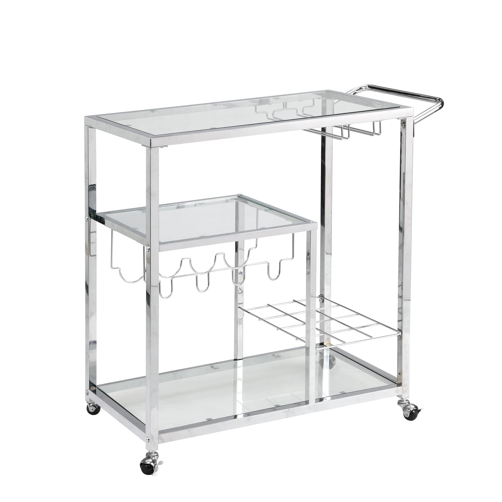 Takefuns Modern Chrome Bar Serving Cart with Glass Shelves & Metal Frame - Wine Storage & Beverage Organizer for Home, Kitchen, Bar, and Party Use