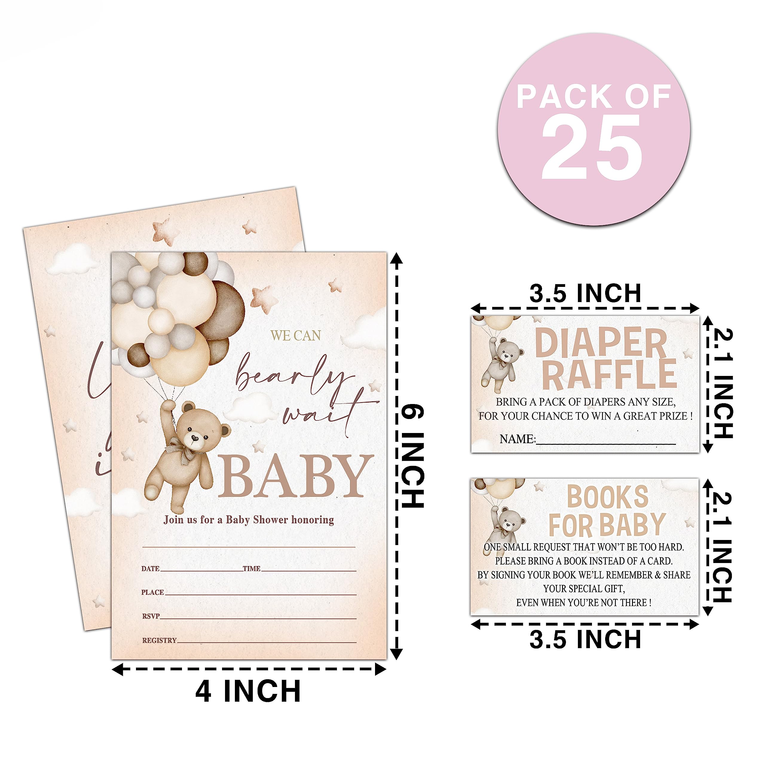 TIOFUNO Set of 25 Baby Shower Invitations - Adorable Balloon Bear Gender Reveal Party Invites with Envelopes, Book Request Cards & Diaper Raffle Tickets - Perfect for Baby Shower Decorations & Party Supplies (Style B12) | Ideal for Gender Reveal Parties, Baby Showers & Nursery Decor