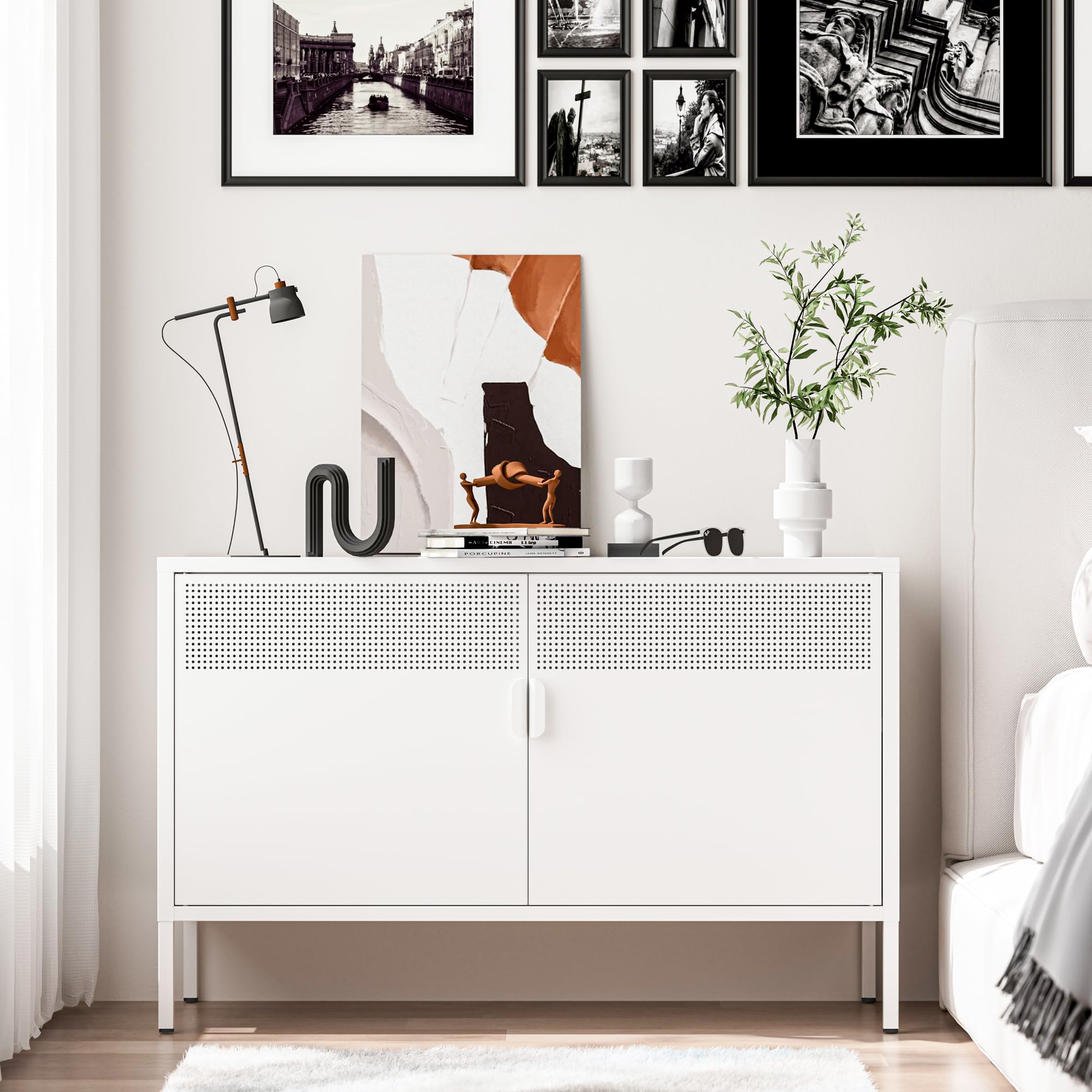 2 Door White Metal Storage Cabinet with Adjustable Shelf - 2-Tier Office & Home Organization Cabinet - Multipurpose Metal Locker for Bedroom, Living Room, Entryway (25