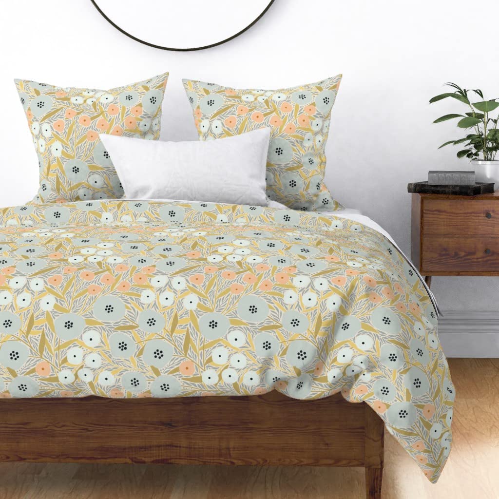 Custom Pink Blue Floral Print Cotton Sateen Duvet Cover Full/Queen Size - Light Pale Modern Design for Bedroom Decor | Perfect for Master Bedroom, Guest Room & Nursery