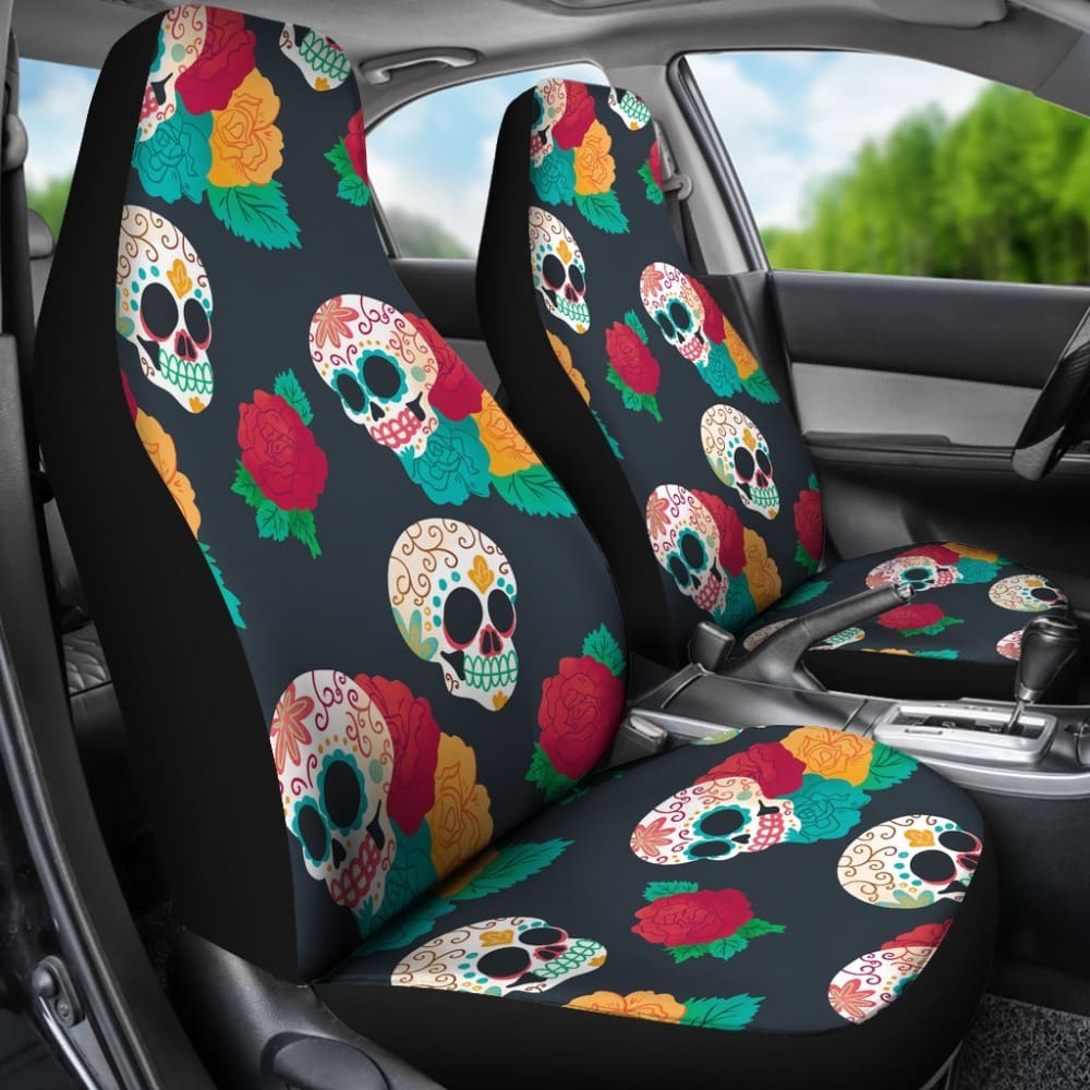 2 Pcs Floral Sugar Skull Day of The Dead Car Seat Covers - Mexican Style Decor for Halloween, Dia de Los Muertos Celebration & Car Interior Accessories