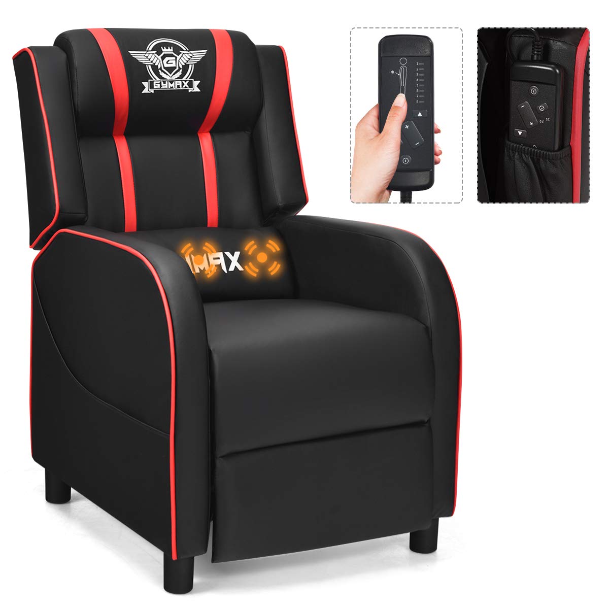 GYMAX Ergonomic Gaming Recliner Chair with Massage, Adjustable Footrest & Remote Control - Racing Style Video Game Chair with Side Pocket for Adults - Perfect for Gaming, Movie Nights & Home Theater (Red)