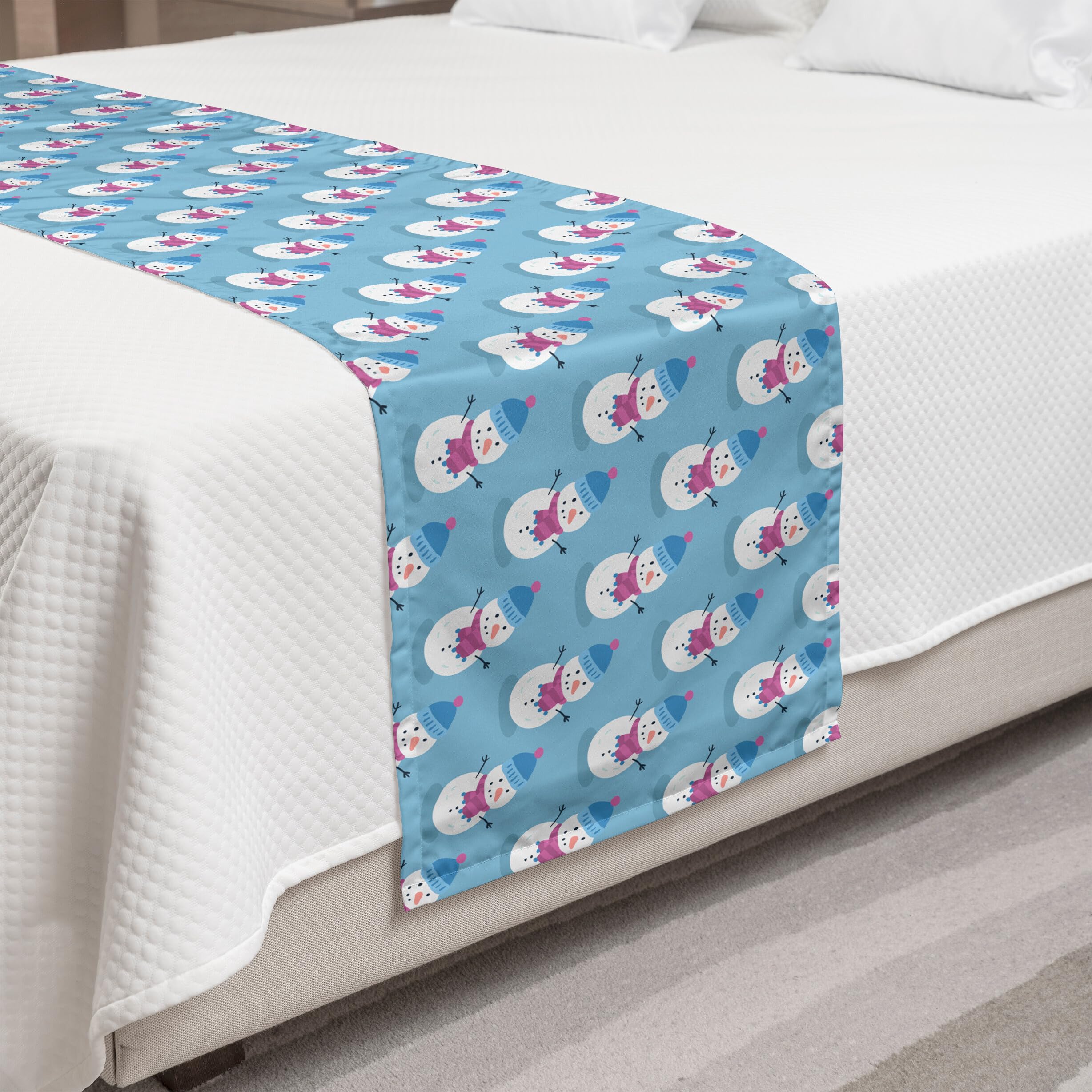 Ambesonne Winter Bed Runner - Christmas Snowman with Scarf & Hat Holiday Design | Decorative Bed Scarf for King Beds in Magenta & Blue | Perfect for Hotels, Homes & Guest Rooms During Winter Holidays