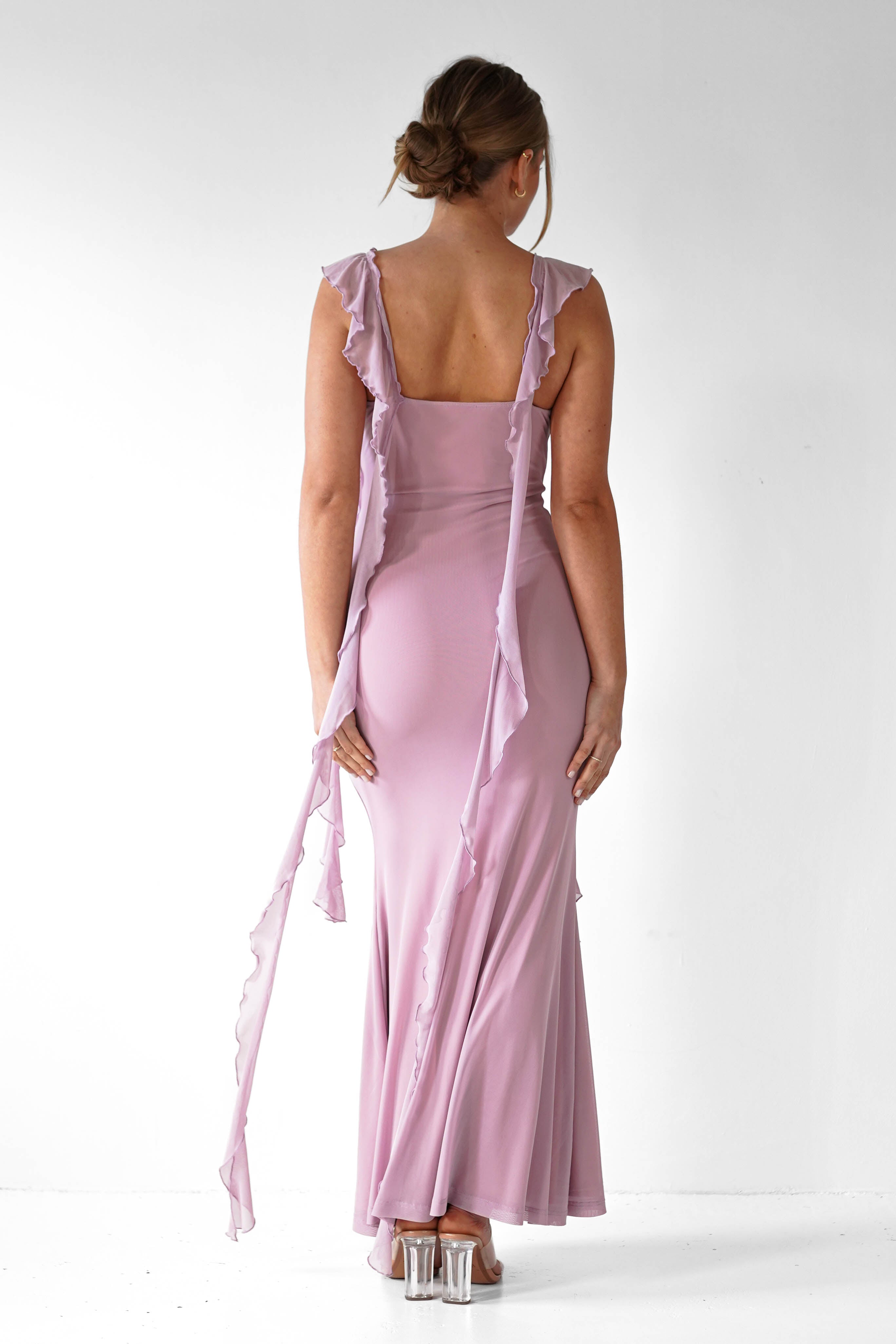 Miranda Ruffle Midaxi Dress in Mauve - Elegant Flowy Midi Dress for Women, Perfect for Weddings, Parties & Special Occasions