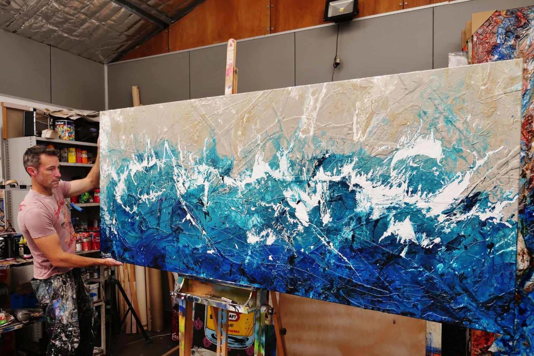 Oceanic Grace 240cm x 100cm Cream Turquoise Textured Abstract Canvas Art - Modern Wall Decor for Living Room, Bedroom & Office