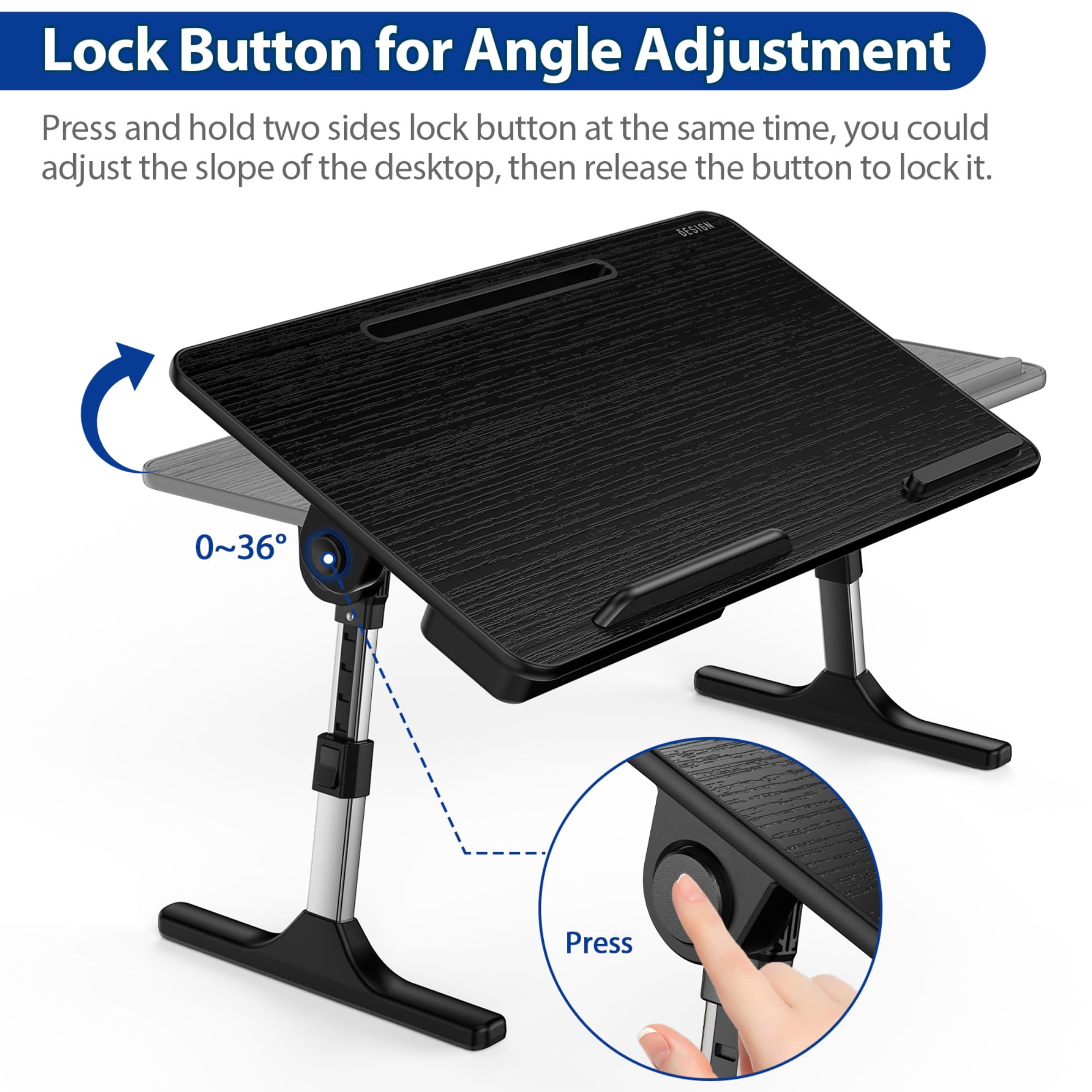 Besign LT05 Adjustable Laptop Stand - Portable Lap Desk for Bed, Sofa & Office - Foldable Computer Table for Working, Reading & Breakfast in Bed - Medium Size Black Workspace Solution