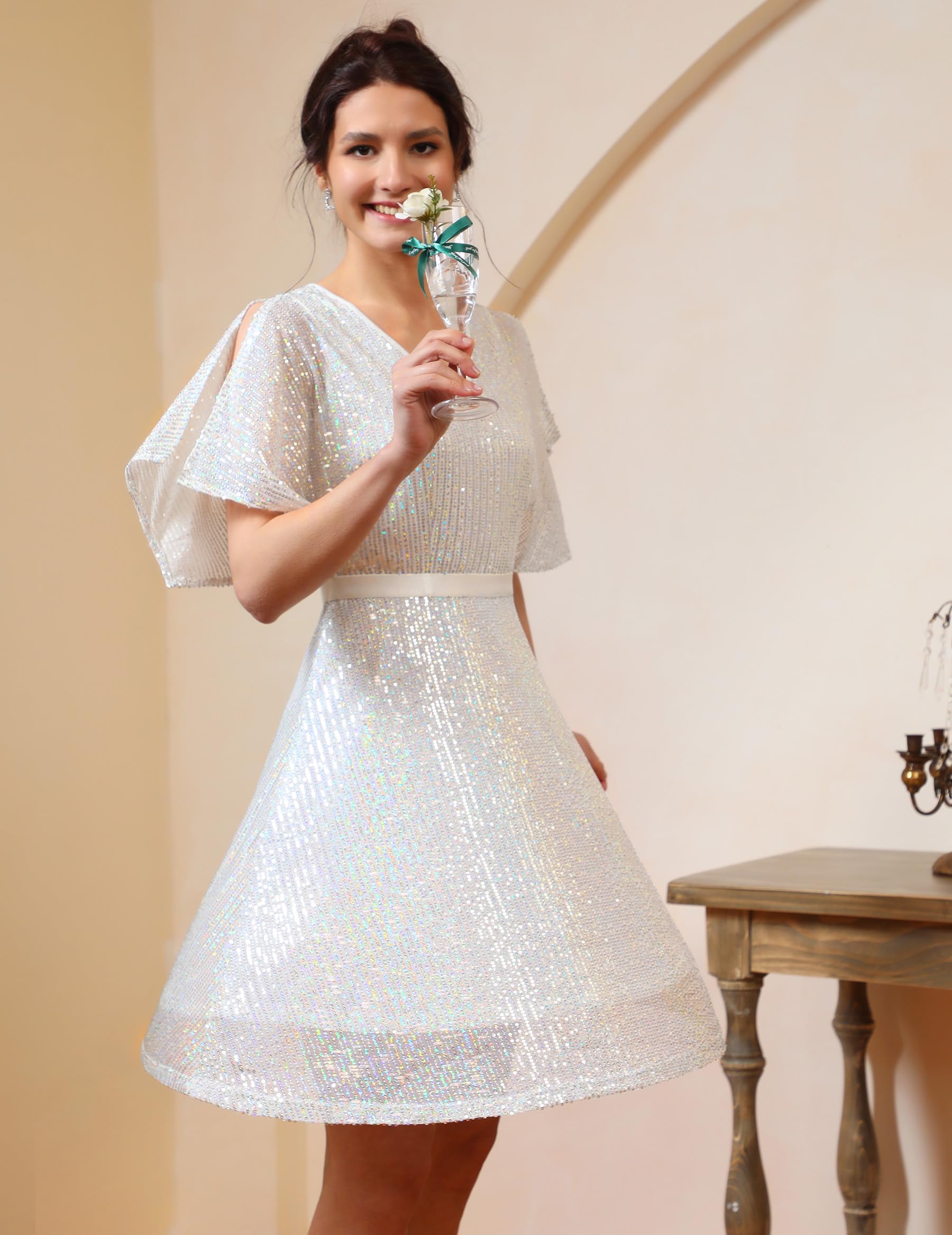 Wedtrend Women's Sparkly Sequin Cocktail Dress with Bat Sleeves - Glitter Party Club Dress for Night Out, Prom, Wedding Guest & Special Occasions