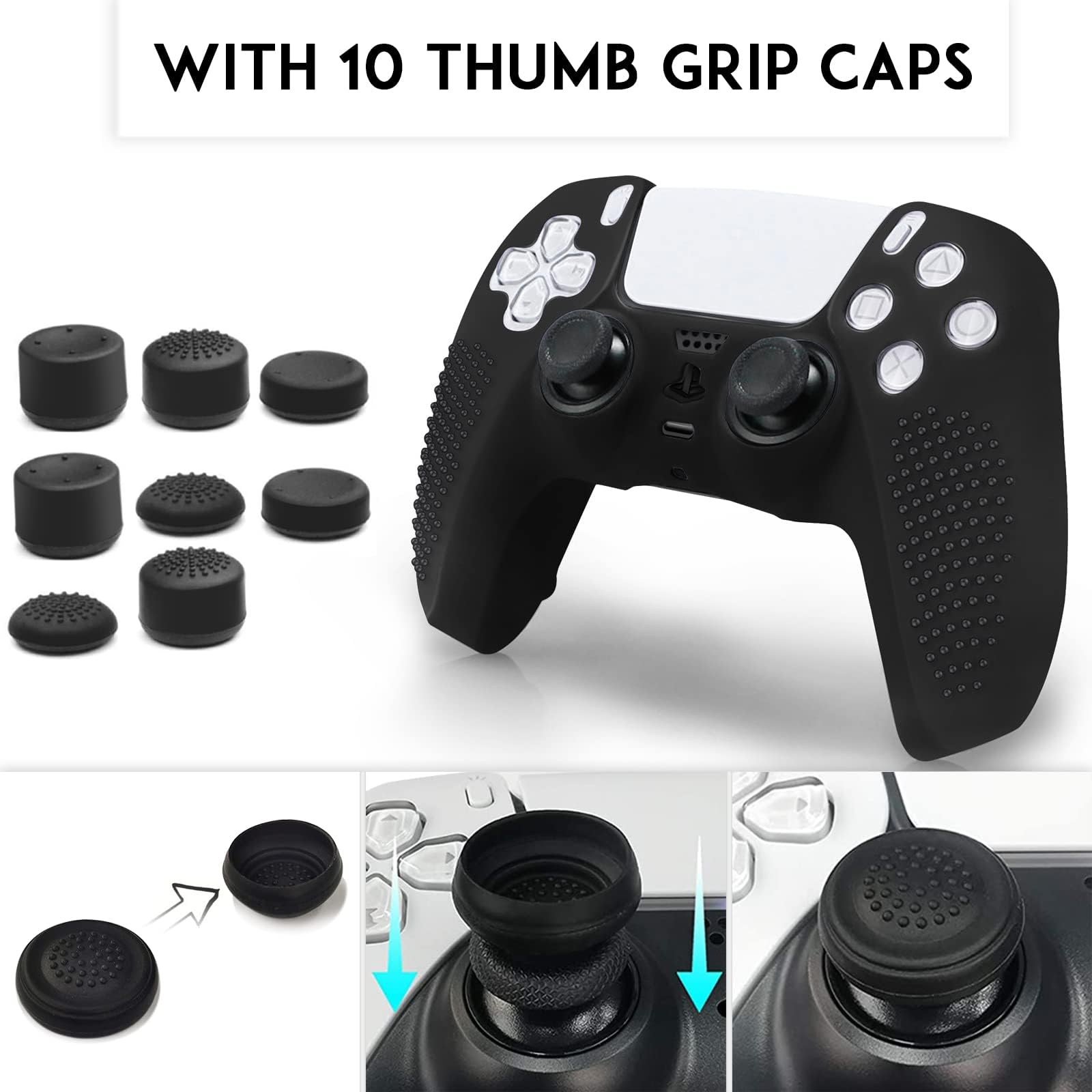 SIKEMAY 2Pcs Anti-Slip Silicone PS5 Controller Cover with 8 Grips - Protective Skin Case for PlayStation 5 Controller (Black) | Perfect for Gaming, Long Sessions & Enhanced Grip Comfort