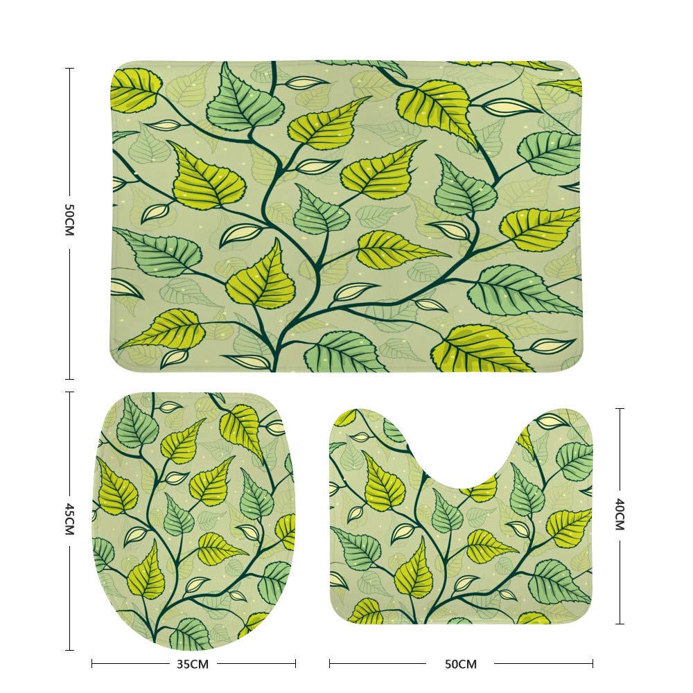 3-Piece Non-Slip Bathroom Rug Set - Soft Coral Fleece Contour Toilet Mat & Shower Mats with Green Leaf Design | Cozy Bathroom Decor for Modern Homes