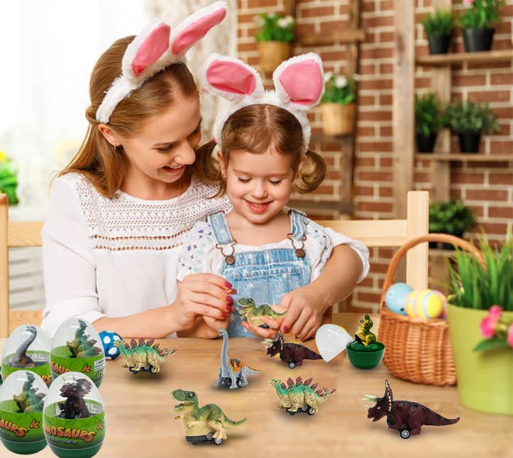 Dinosaur Pull Back Cars Toys - 4 Pcs Jumbo T-Rex & Triceratops Prefilled Easter Eggs for Kids | Basket Stuffers, Party Favors, Birthday Gifts for Boys & Girls | Perfect for Easter Celebrations, Classroom Rewards & Playtime Fun
