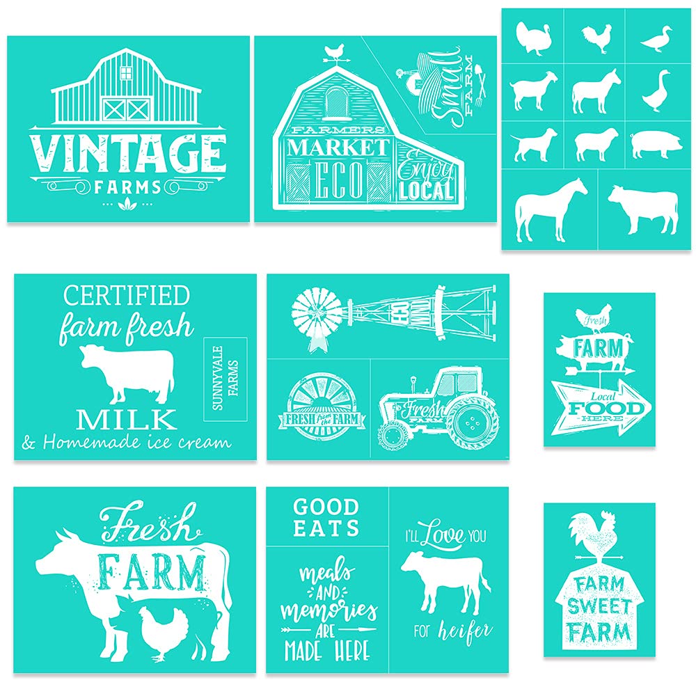 Farmhouse Chalk Stencils Transfers - 9PC Washable & Reusable Mesh Silk Screen Stencils for Chalk Paste - DIY Home Decor, Sign Making, Wedding & Rustic Crafts
