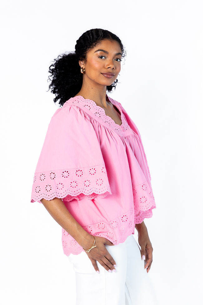 Stylish Pink Eyelet Detail Popover Short Sleeve Blouse for Women - Perfect for Summer Outfits, Office Wear & Casual Dates