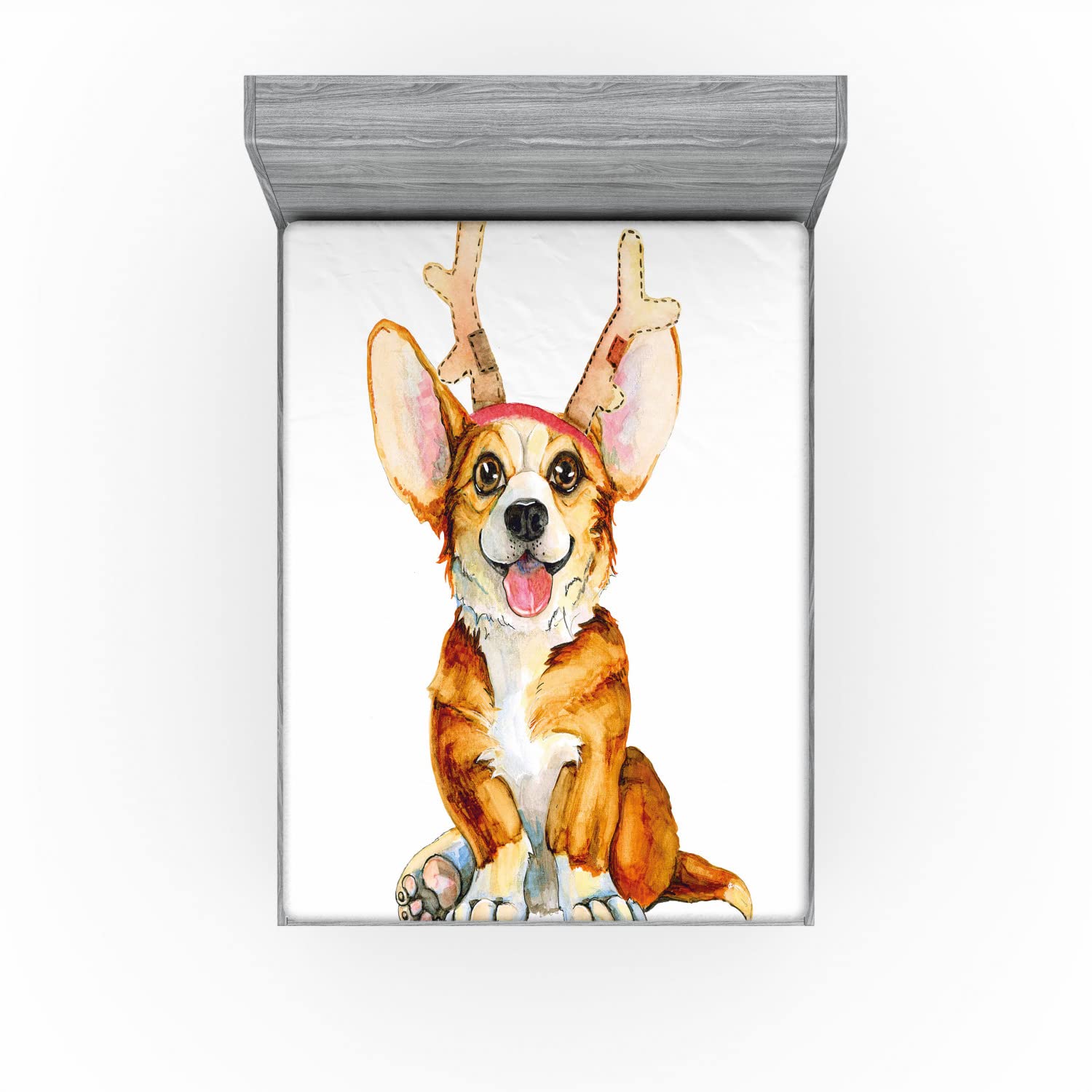 Ambesonne 2-Pack King Fitted Sheets - Corgi Dog with Antlers for Cozy Bedding