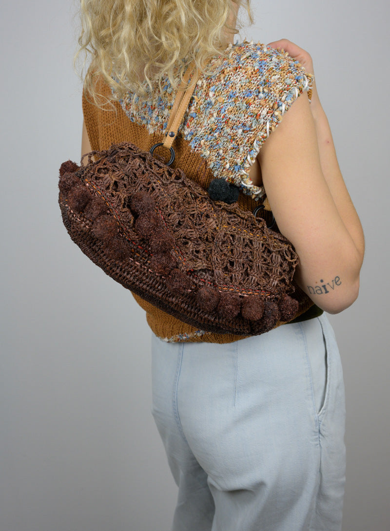 Jamin Puech Straw Borsina Handbag with Pom Pom - Brown Woven Crossbody Bag for Women | Perfect for Beach, Travel and Everyday Use