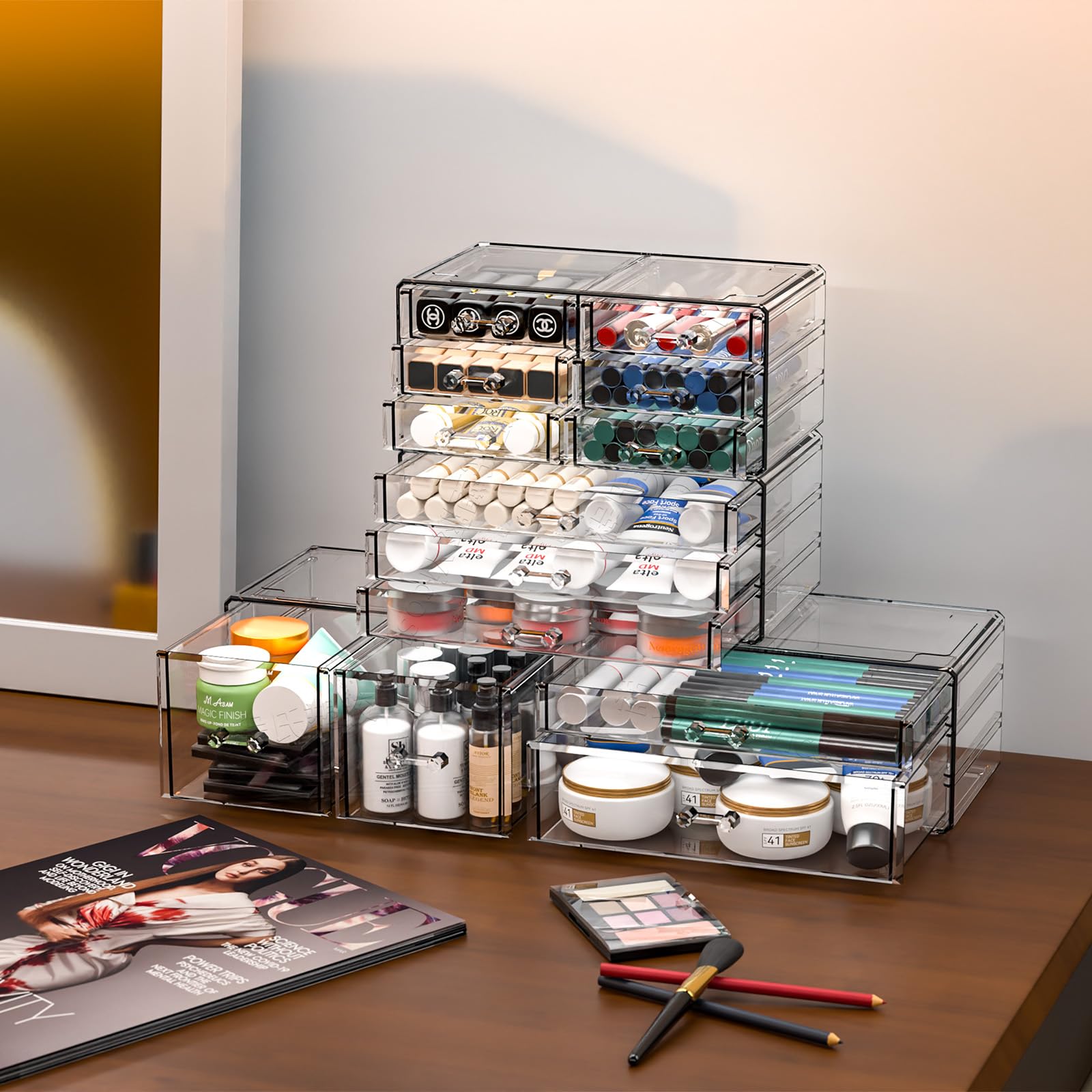 4-Pack Clear Acrylic Drawer Organizer - Stackable 13-Drawer Makeup Storage Cube for Dresser, Hair Clips & Beauty Products - Perfect for Vanity, Bathroom & Desk Organization (13.5