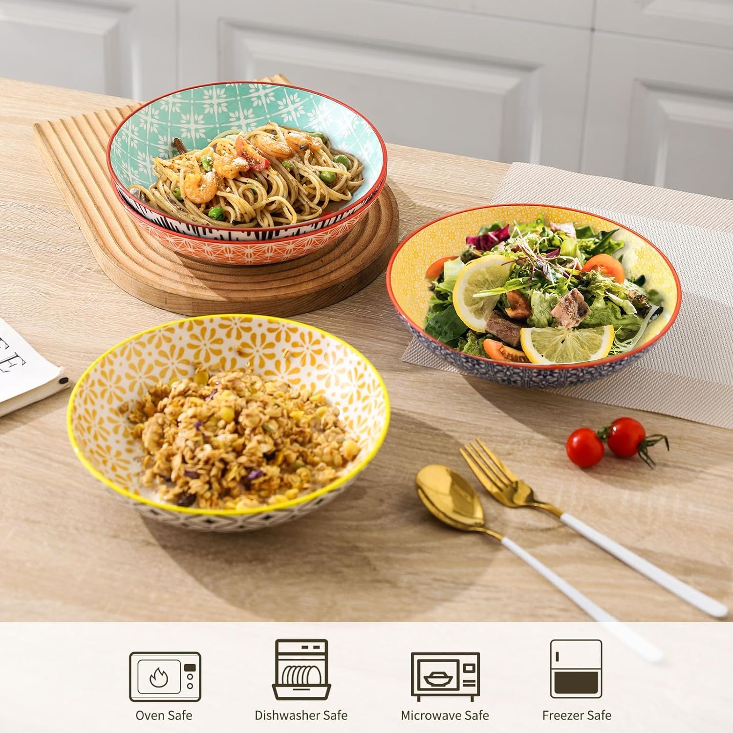 33oz Large Pasta Bowls Set of 4 - Stoneware Serving Bowls for Salad, Soup, Fruit | Microwave & Dishwasher Safe | 8.5