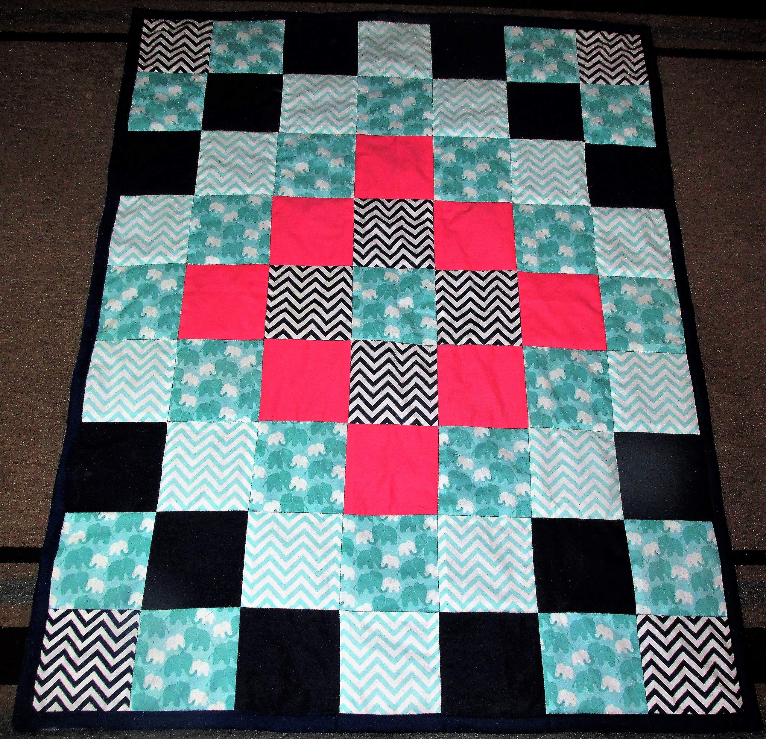 Custom Aqua Elephant & Chevron Pattern Baby Crib Quilt - Soft Nursery Blanket for Boys & Girls | Perfect for Newborn Gifts, Nursery Decor & Photo Shoots