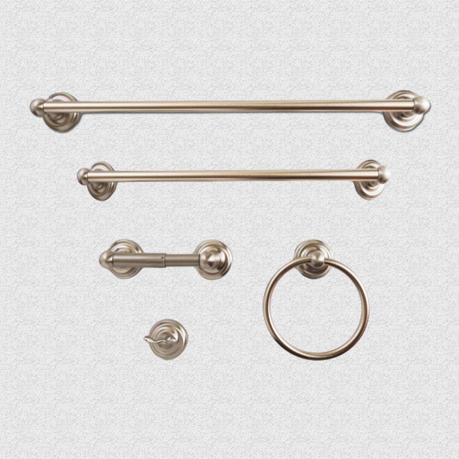 SENTO ROBIKI 5-Piece Satin Nickel Bathroom Accessories Set - Wall Mounted Robe Hook, Toilet Paper Holder, Towel Ring, 18