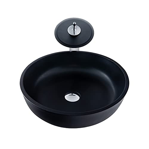 LEFEDA Matte Black Round Bathroom Vessel Sink Set with Matching Faucet - Modern Artistic Tempered Glass Above Counter Vanity Sink with Pop Up Drain - Perfect for Contemporary Bathroom, Powder Room, and Guest Bath Decor