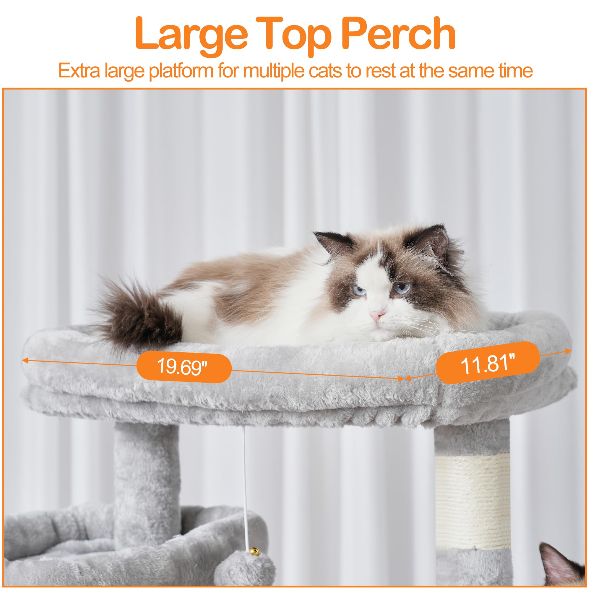 Heybly 71-Inch Tall Cat Tree with 2 Perches, 2 Condos & 2 Hammocks - Multi-Level Cat Tower with Scratching Pad & Basket - Large Indoor Cat Furniture for Play & Rest (Light Gray HCT034W) - Perfect for Small Spaces & Multi-Cat Homes